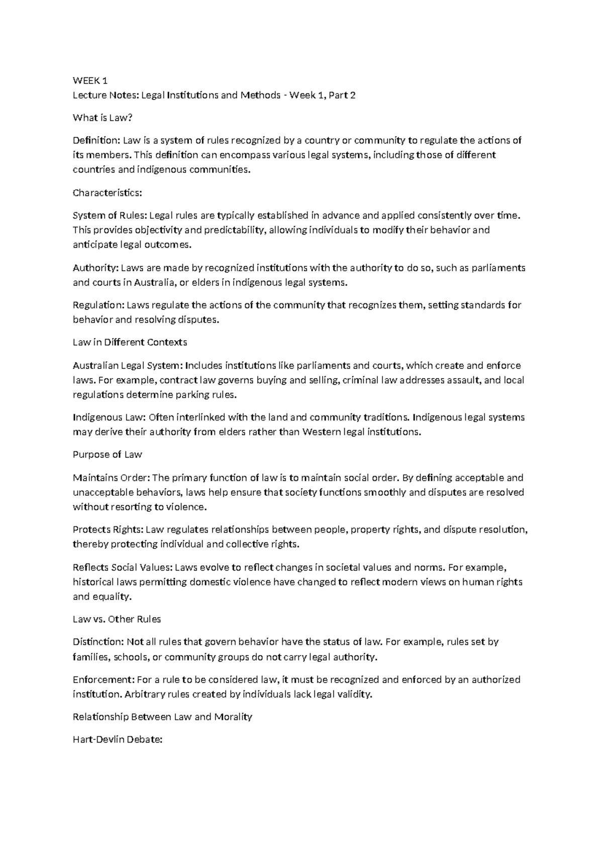 WEEK 1 - Week 1 notes - WEEK 1 Lecture Notes: Legal Institutions and ...