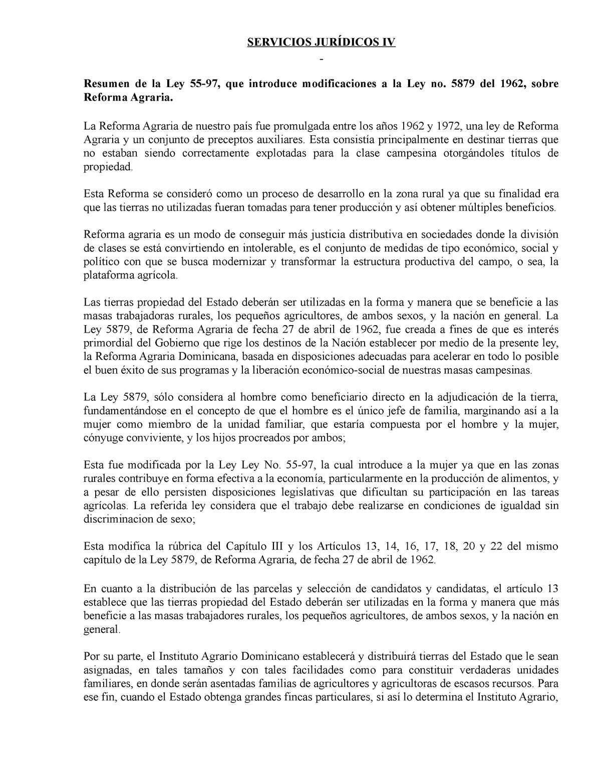 Resumen De La Ley 55 97 Que Introduce Modificaciones A La Ley No 5879 Del 1962 Sobre Reforma 5402