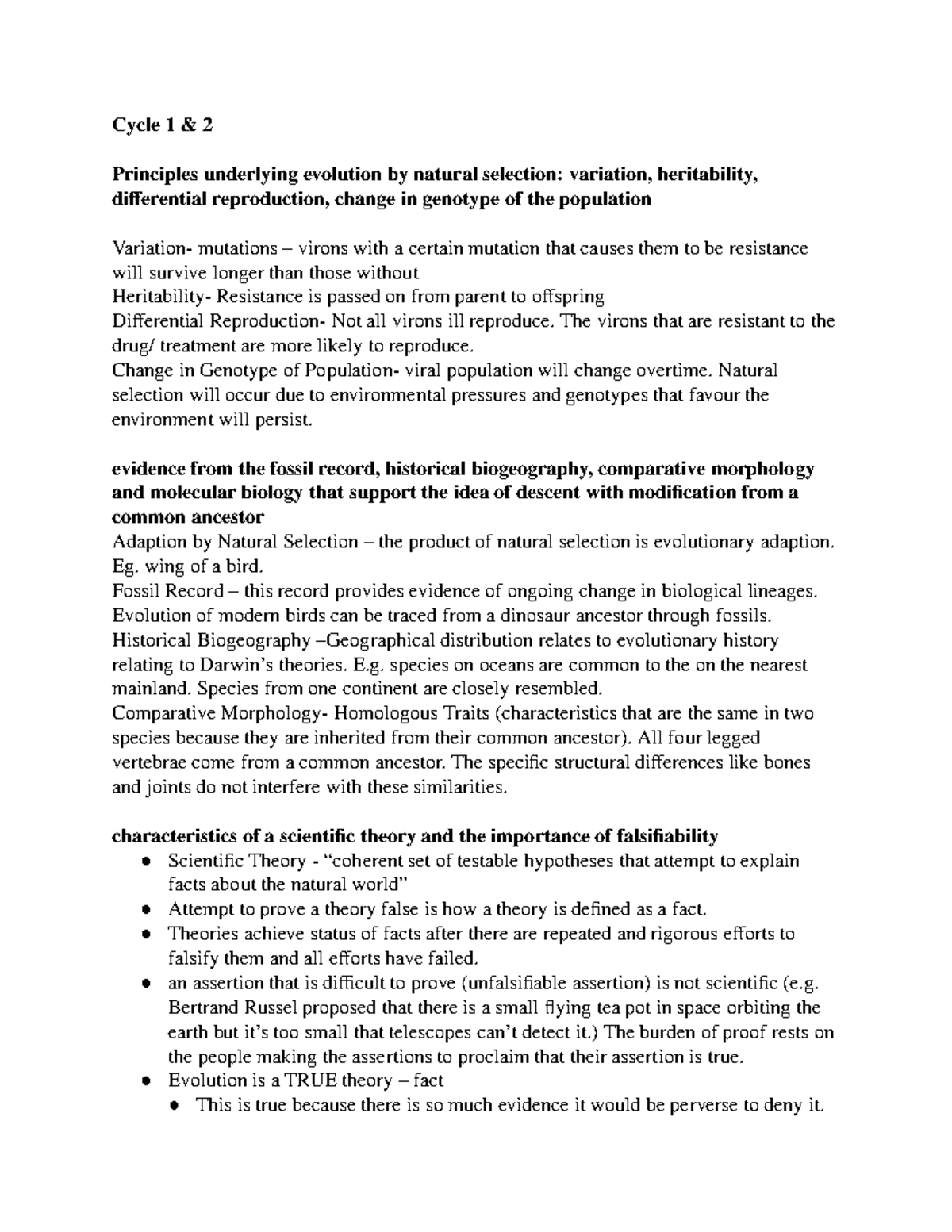 Bio 1001A Outcomes - Cycle 1 & 2 Principles underlying evolution by ...