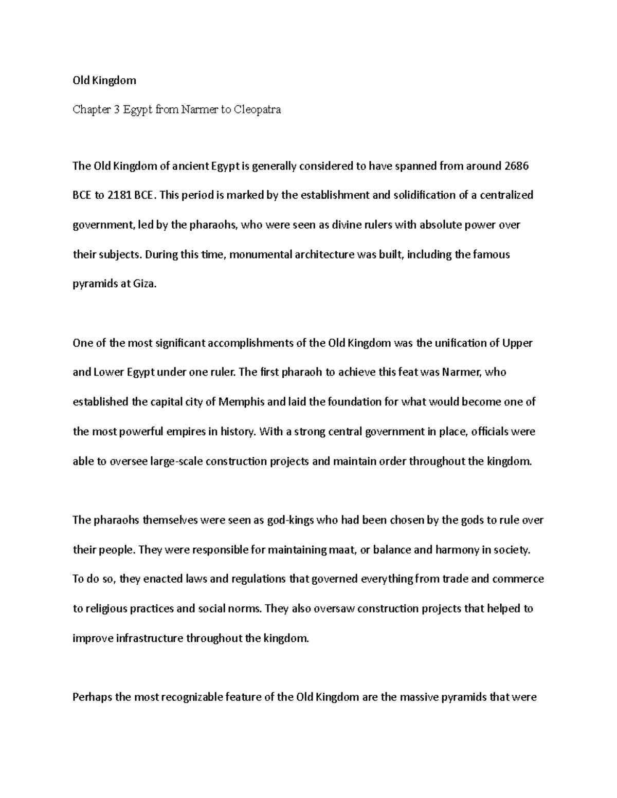 Old Kingdom Chapter 3 Egypt from Narmer to Cleopatra Old Kingdom