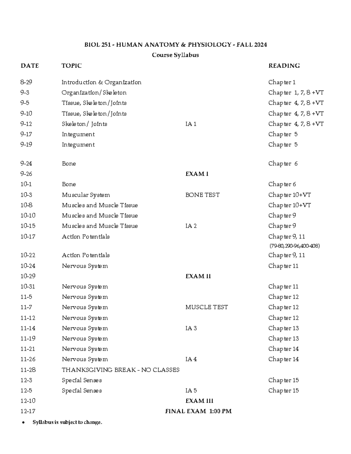 251 Syllabus FA 24 - BIOL 251 - HUMAN ANATOMY & PHYSIOLOGY - FALL 2024 ...