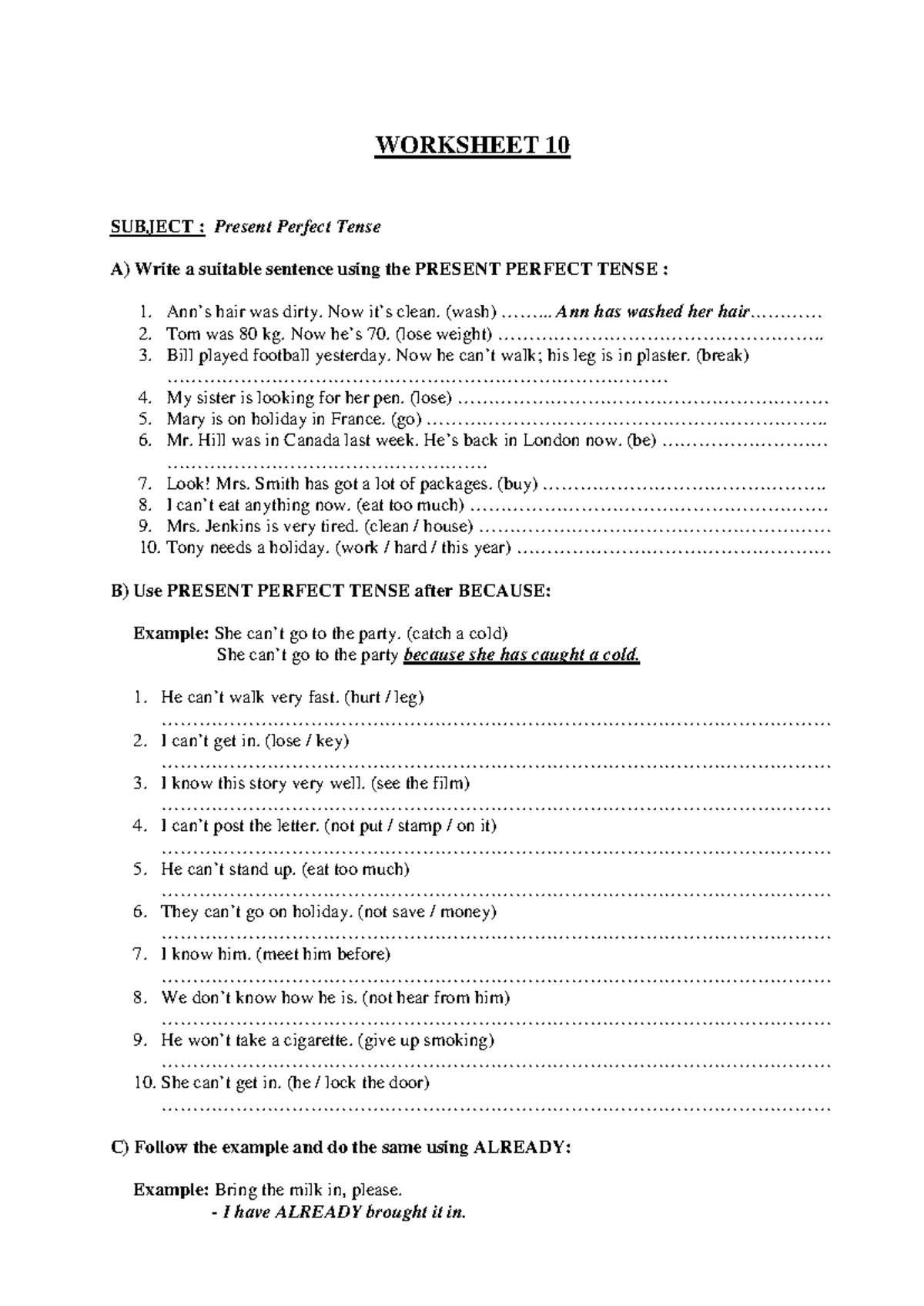 Present perfect - ingles - WORKSHEET 10 SUBJECT : Present Perfect Tense ...