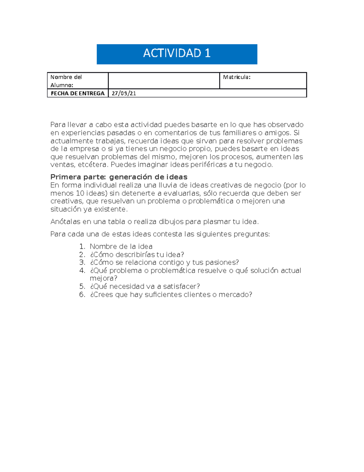 Actividad 1 Ideas para la creacion de empresas - Nombre del Alumno ...