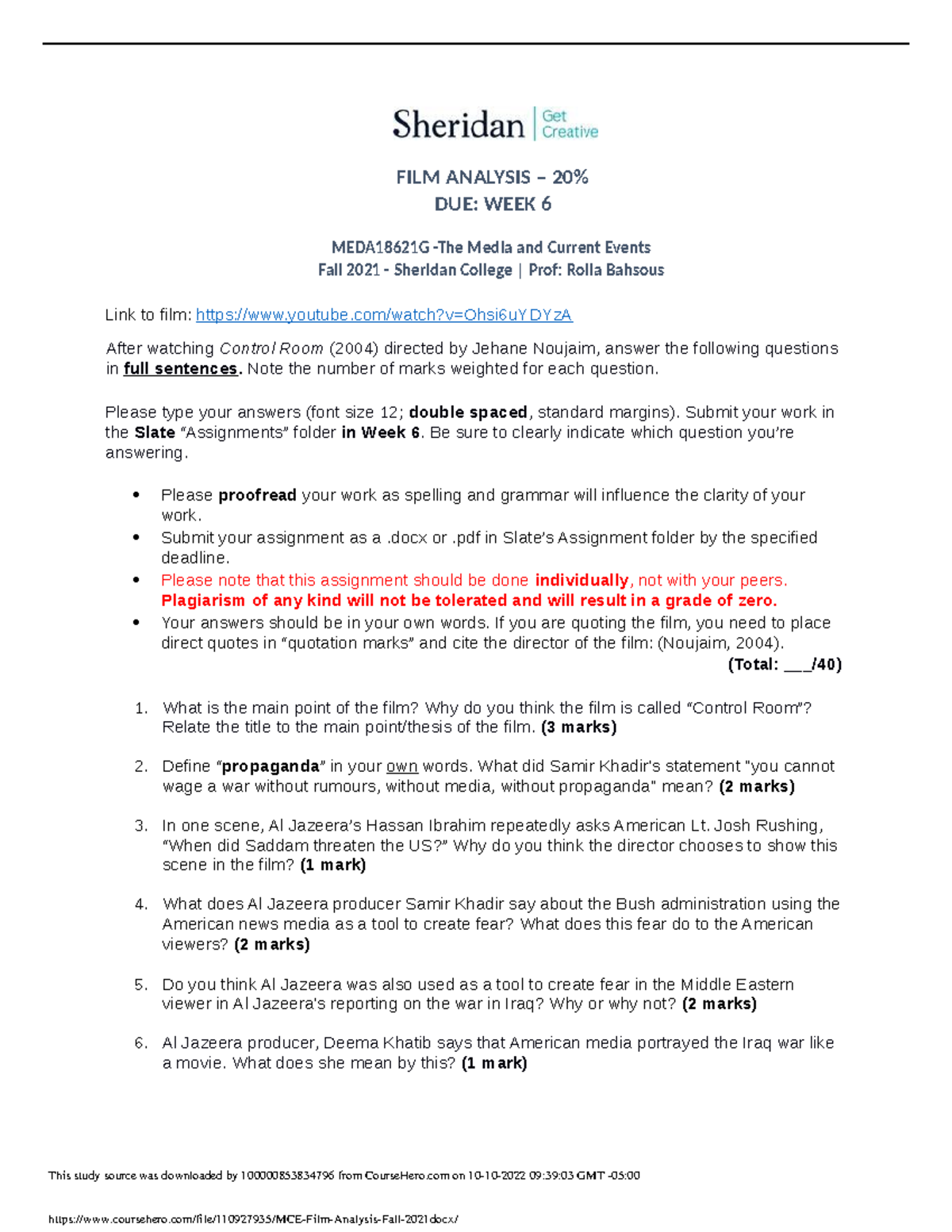 MCE Film Analysis Fall 2021 - FILM ANALYSIS – 20% DUE: WEEK 6 ...