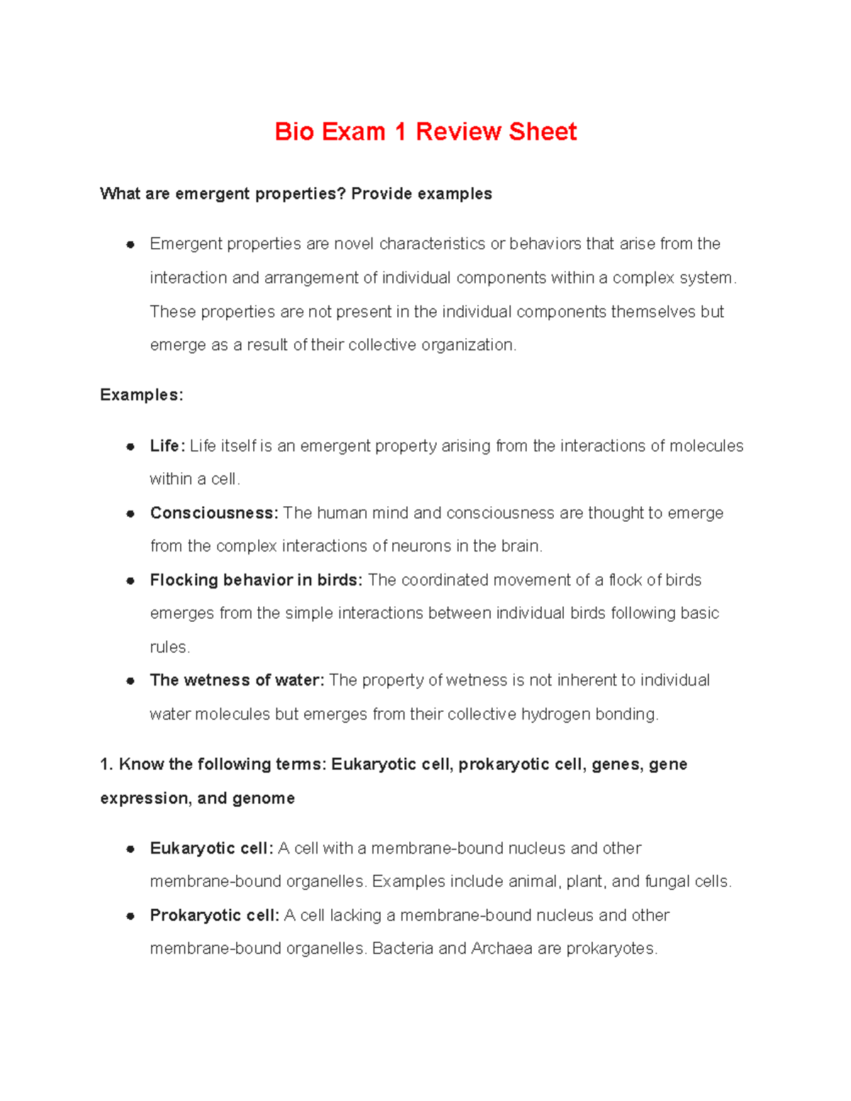 Bio Exam 1 Review Sheet - Bio Exam 1 Review Sheet What are emergent ...