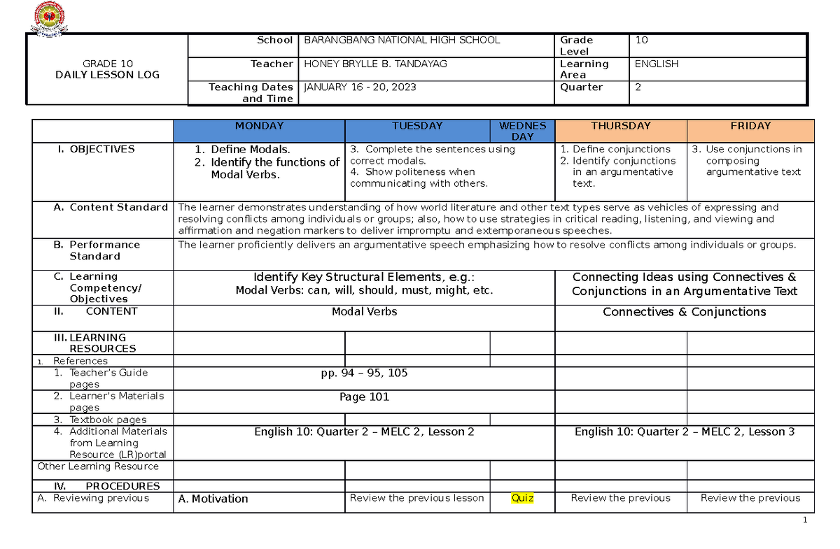 January 16 - 20 - Lesson Plan - Grade 10 Daily Lesson Log School 