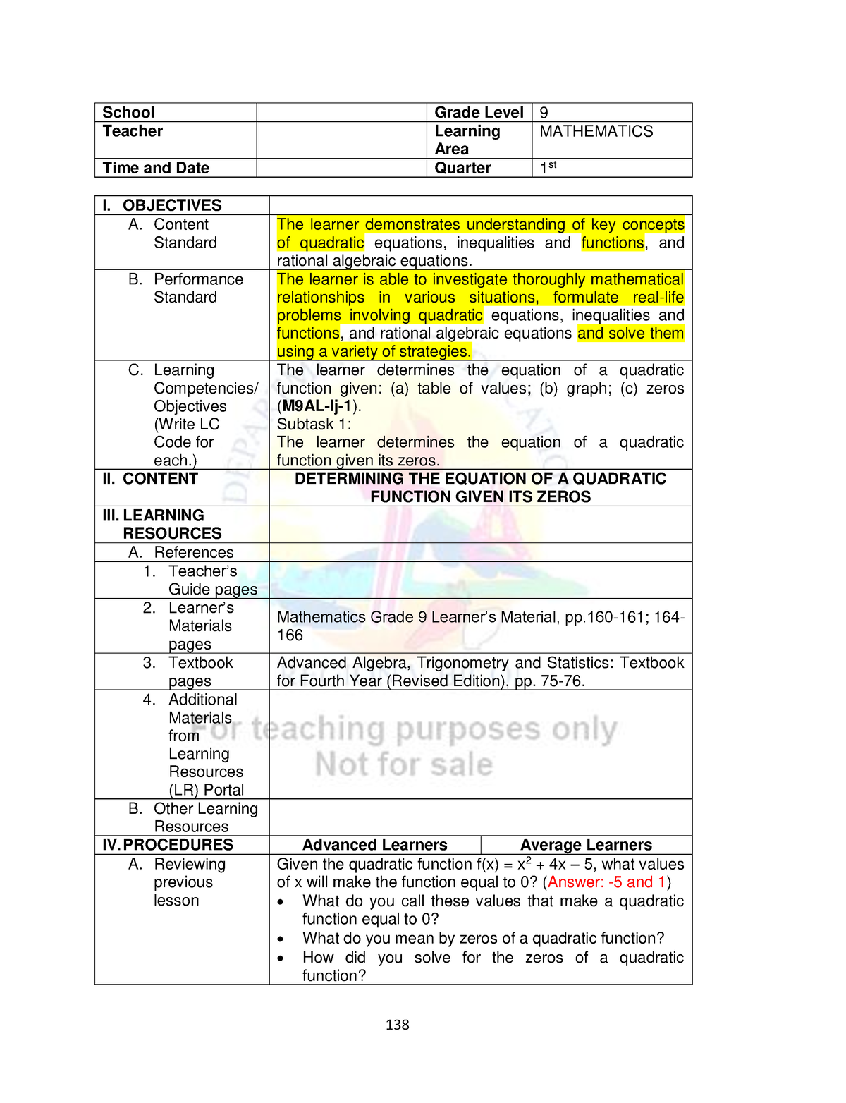 LC 15-16 - math - School Grade Level 9 Teacher Learning Area ...