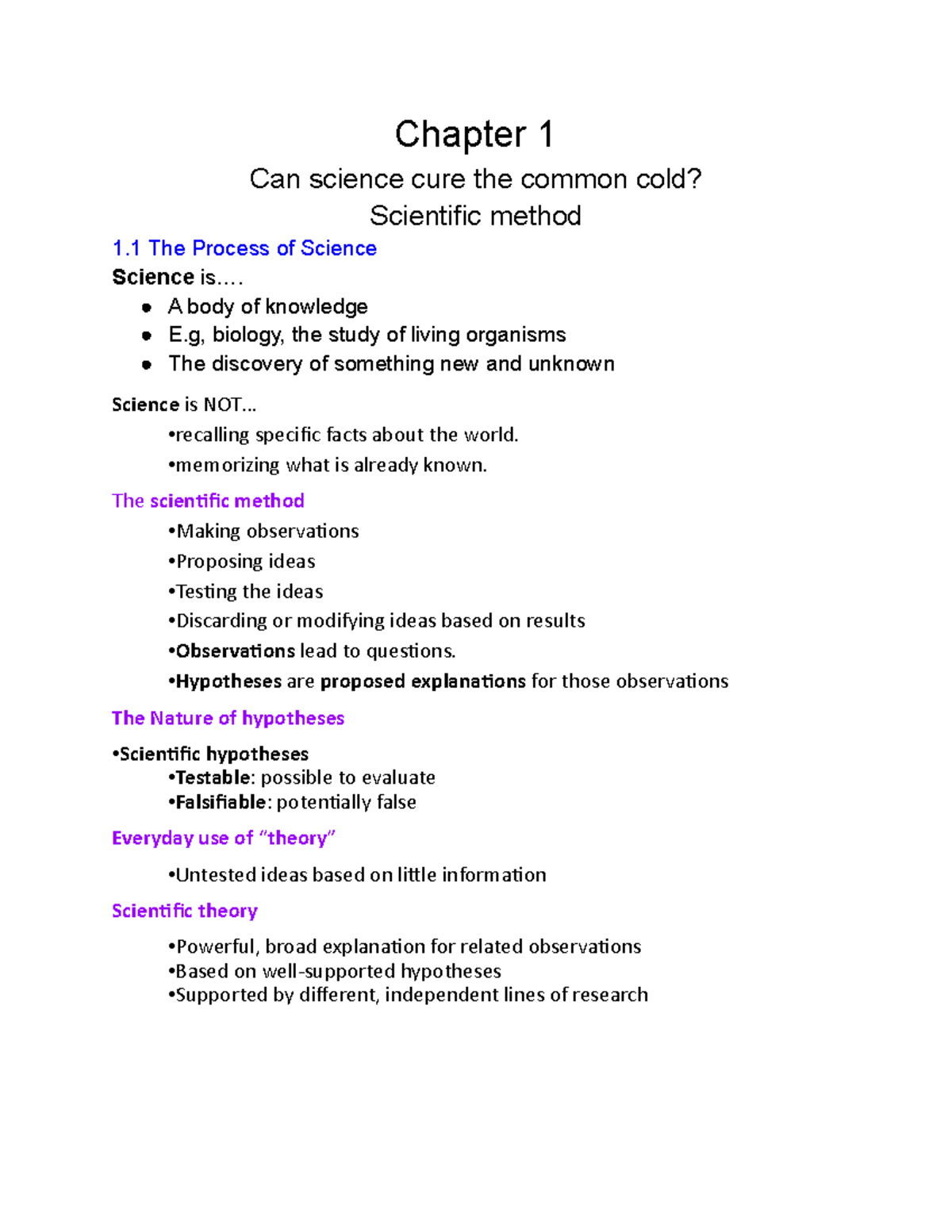 Test 1 Bio - Chapter 1: Can science cure the common cold? Scientific ...