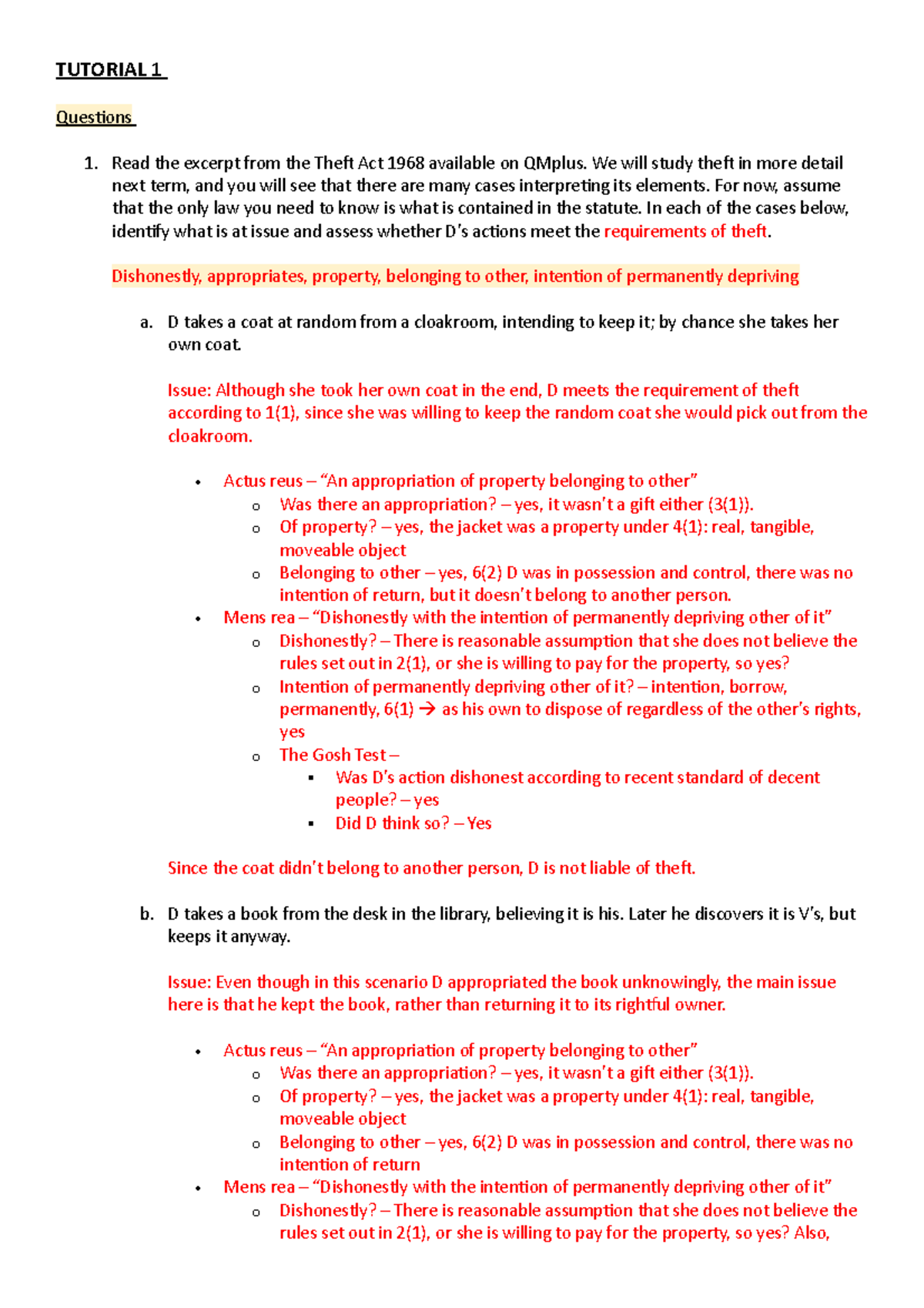 T18 - Defences of Automatism and Insanity - TUTORIAL 1 Questions Read ...