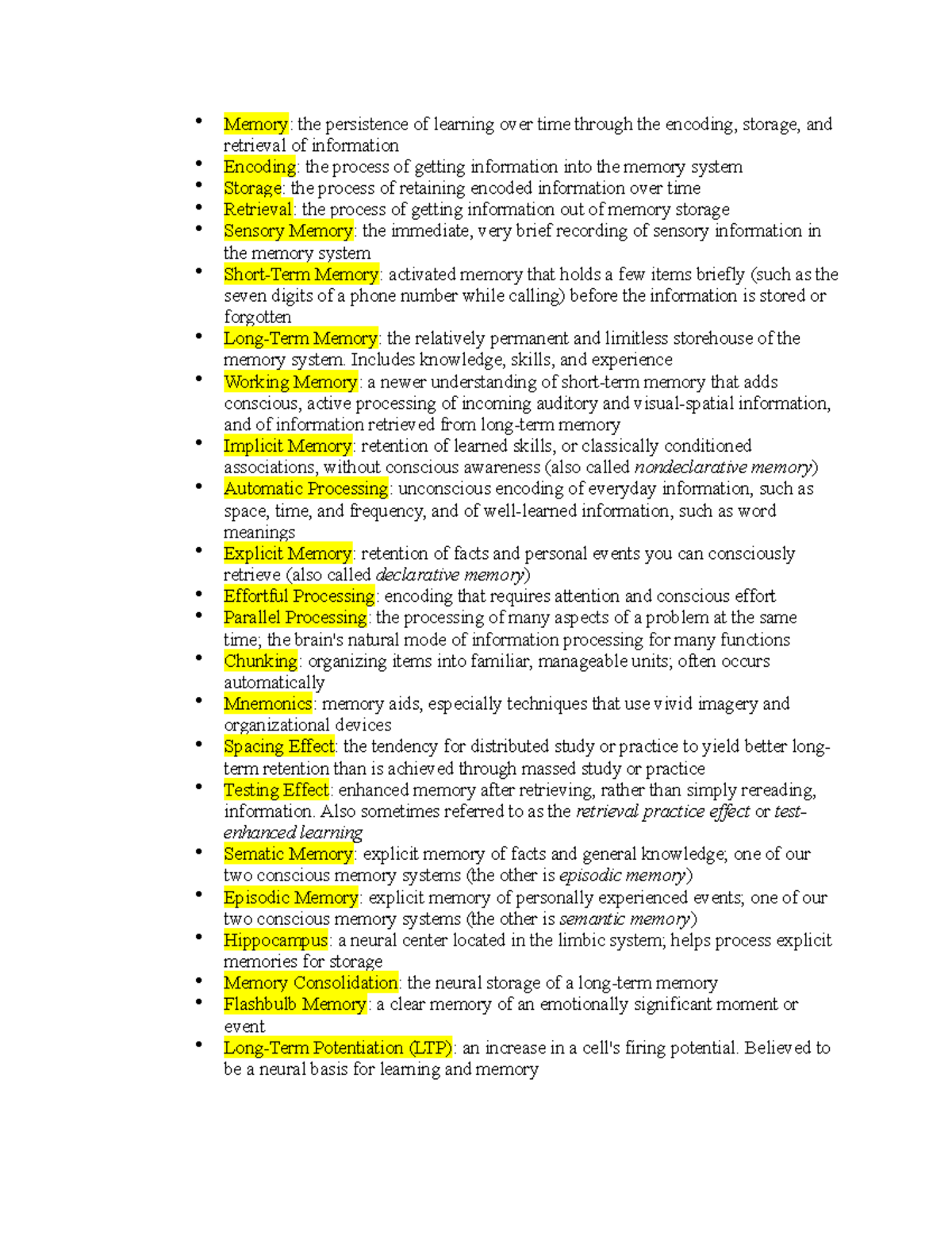 Ch. 7 Vocab - Memory: the persistence of learning over time through the ...