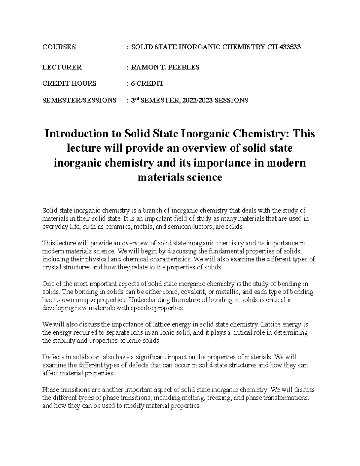 Introduction To Solid State Inorganic Chemistry-This Lecture Will ...