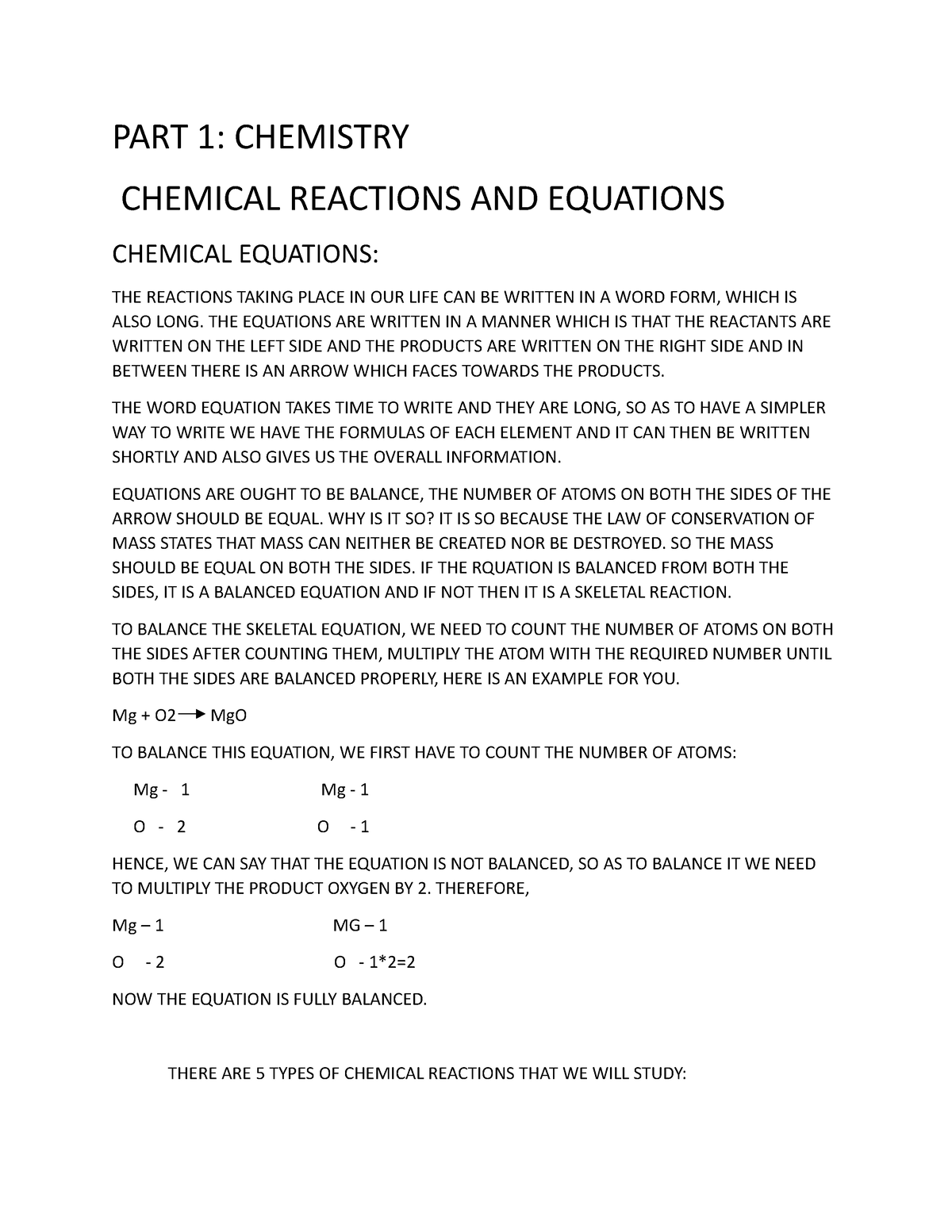 PART 1 Chemistry CHEMICAL REACTIONS AND EQUATION, TYPES OF CHEMICAL ...