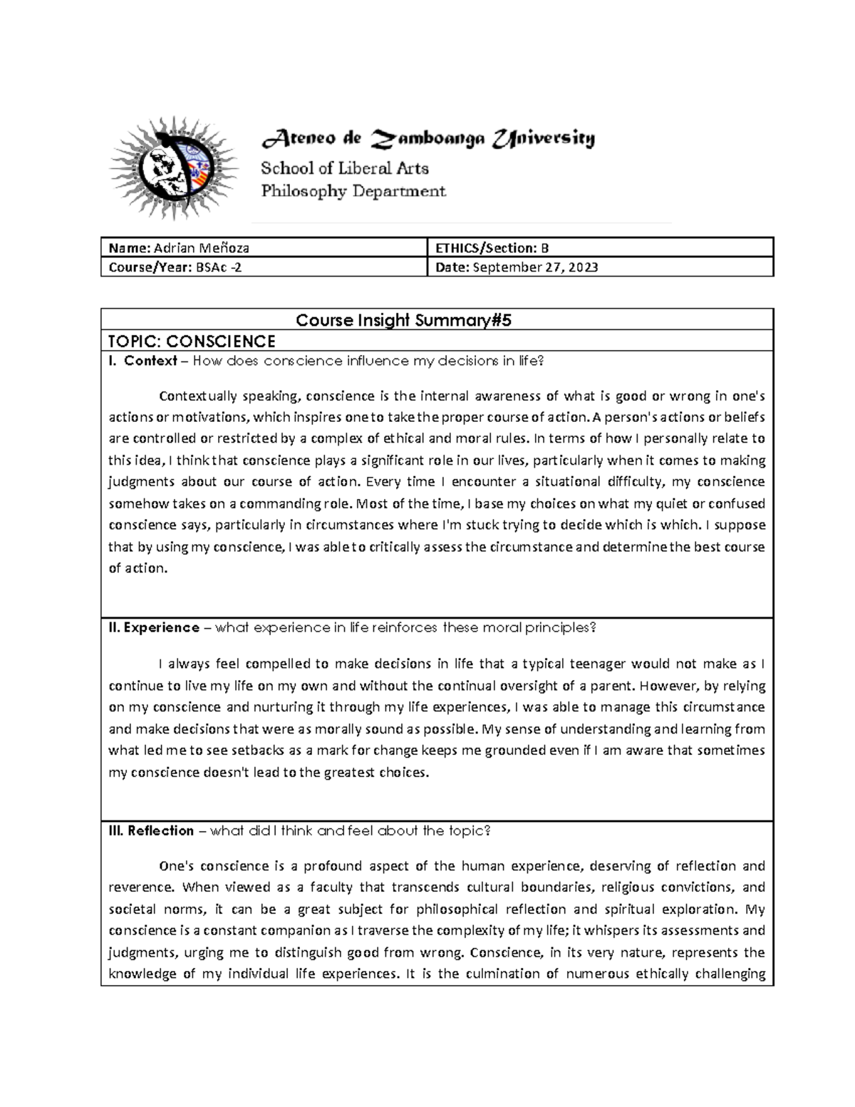 Meñoza Ethics - CISS 5 - This is a sample-based summary per topic ...