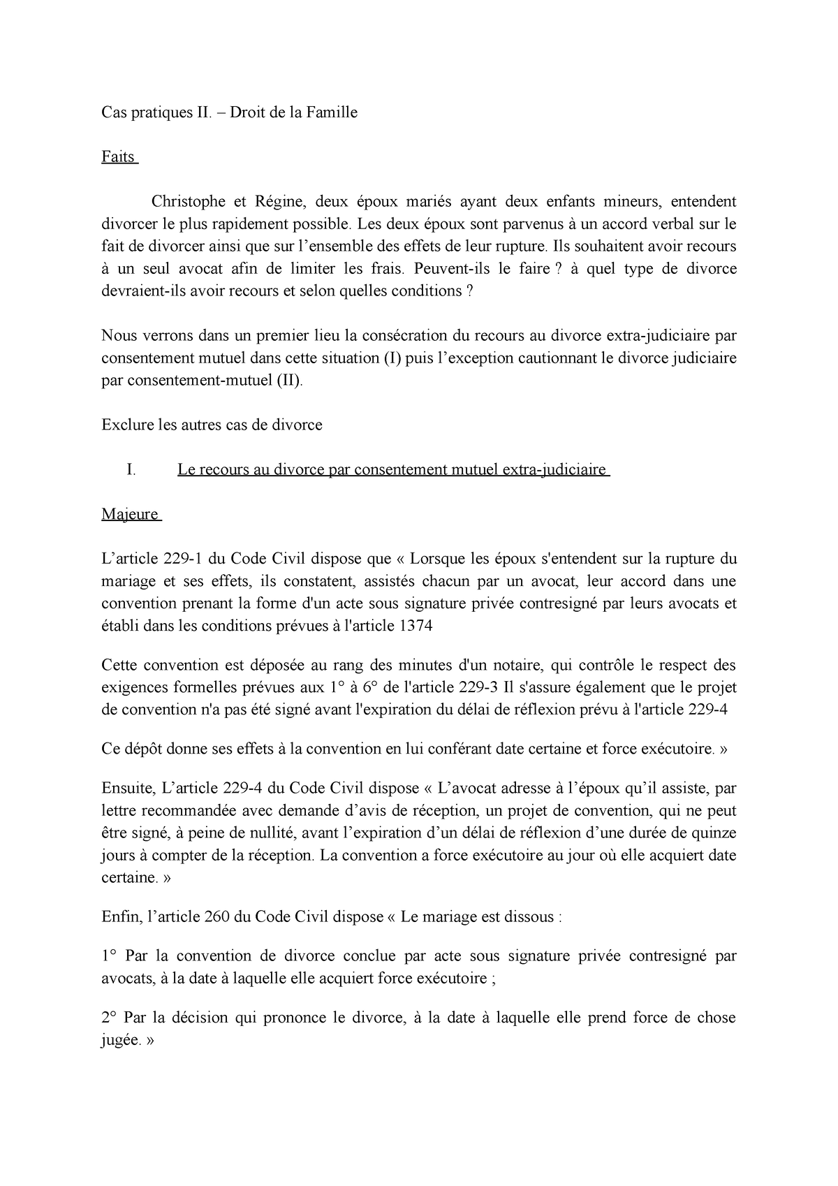 Cas pratiques II Famille Cas pratiques II Droit de la Famille Faits Christophe et Régine