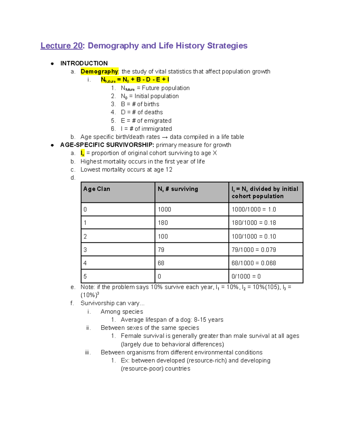 BIOL121 Lecture 20 Notes - Demography And Life History Strategies ...