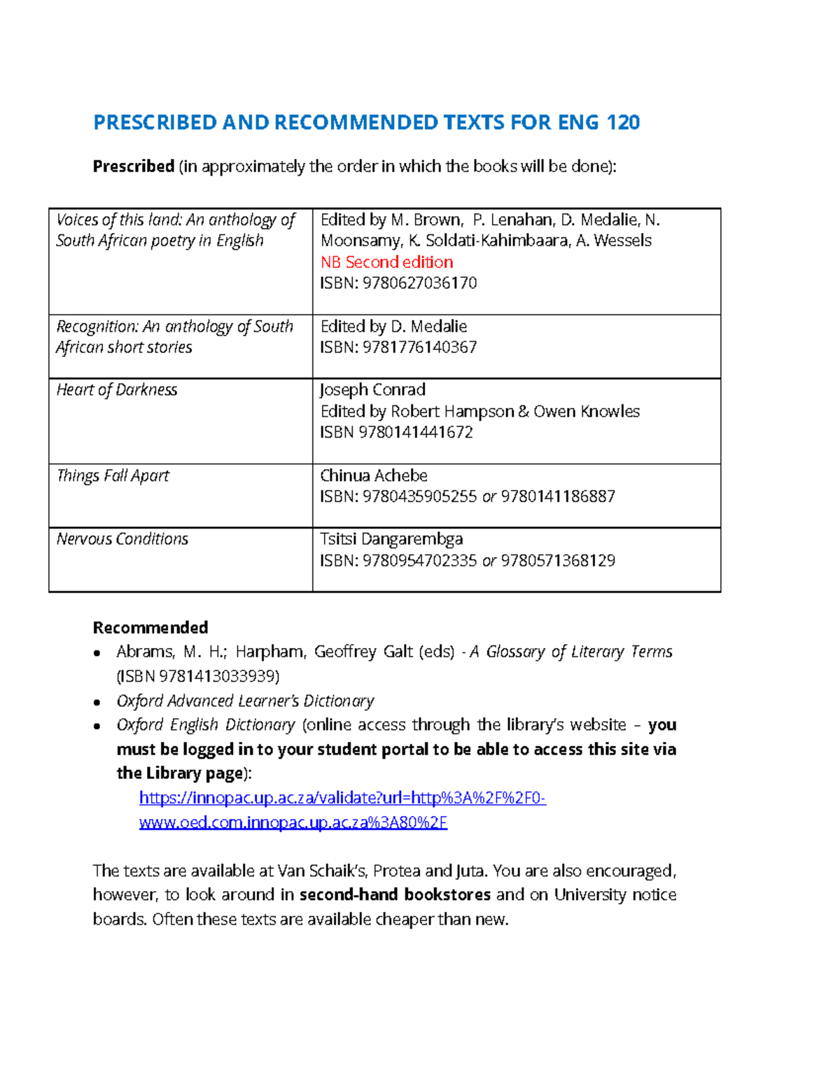Prescribed AND Recommended Texts FOR ENG 120 - PRESCRIBED AND ...
