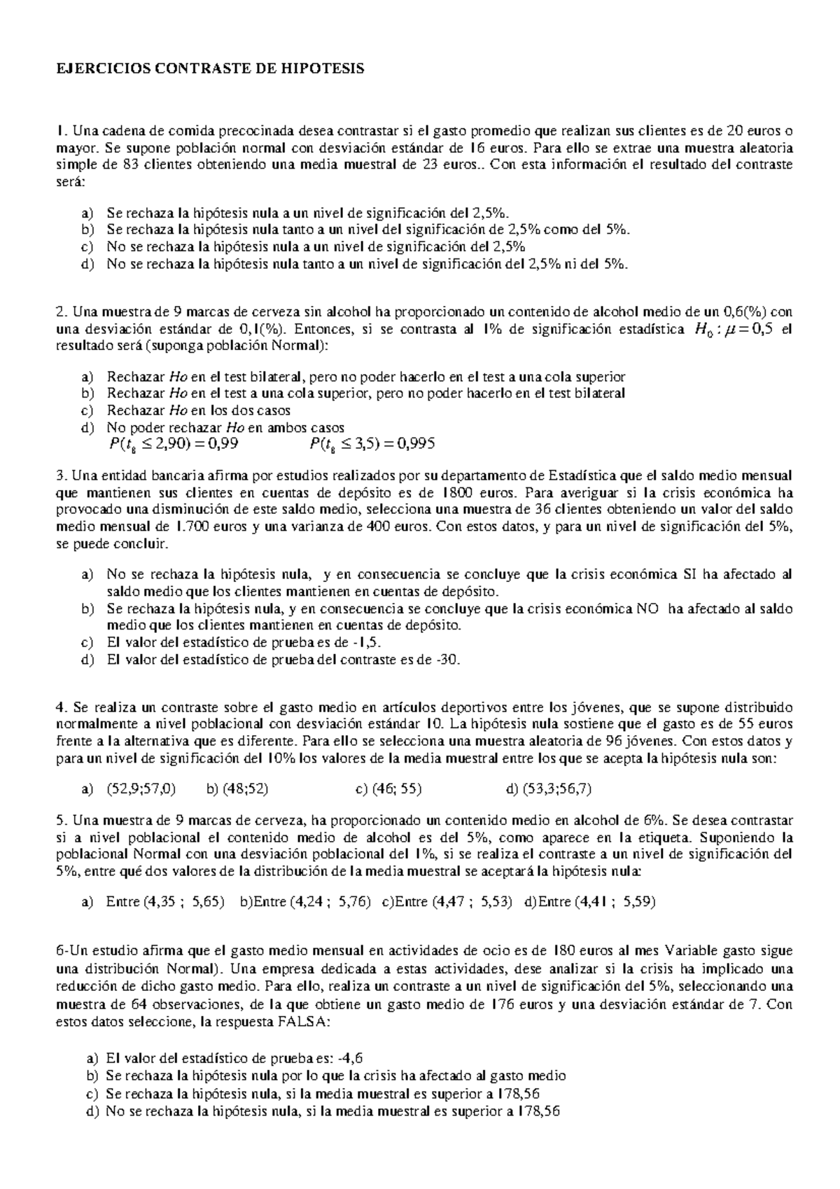 Ejercicios Contraste De Hipótesis. Tema 5. Estadística II - EJERCICIOS ...