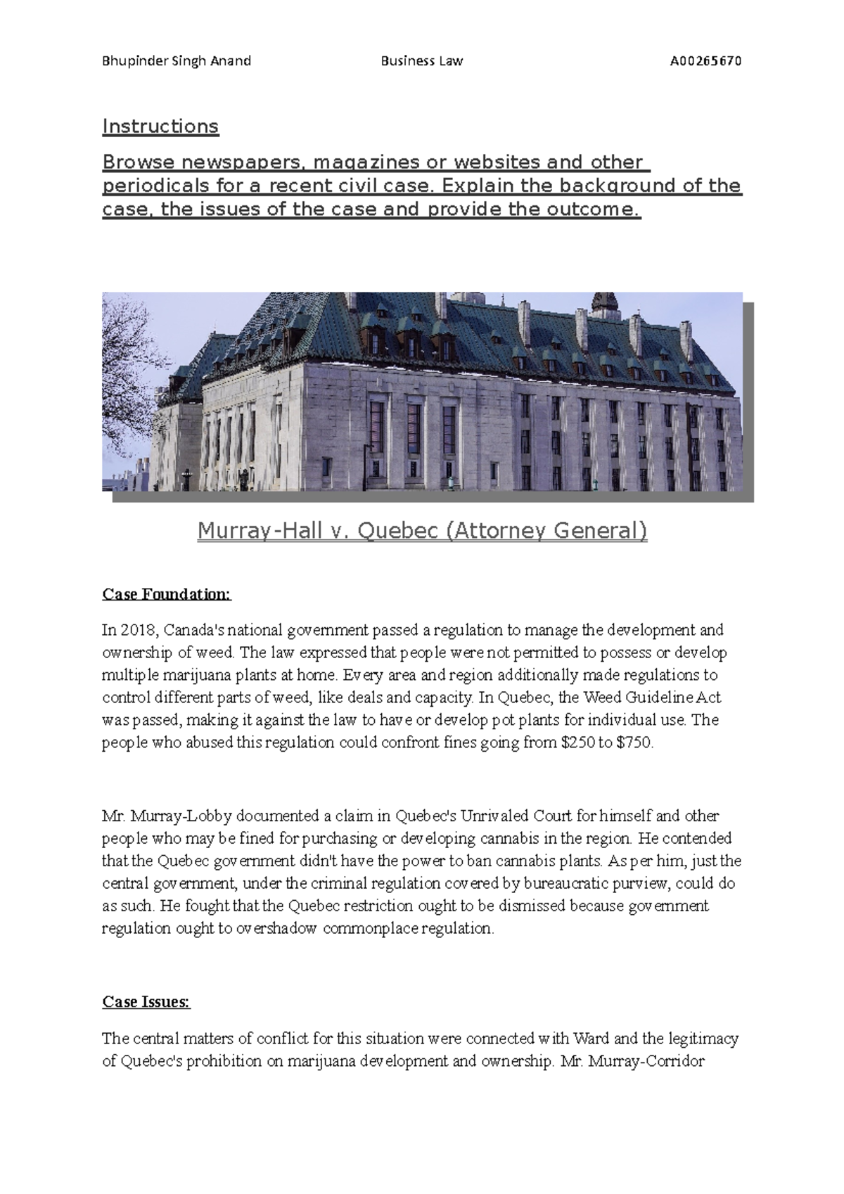 Recent Civil Case Quebec v. Attorney General Studocu