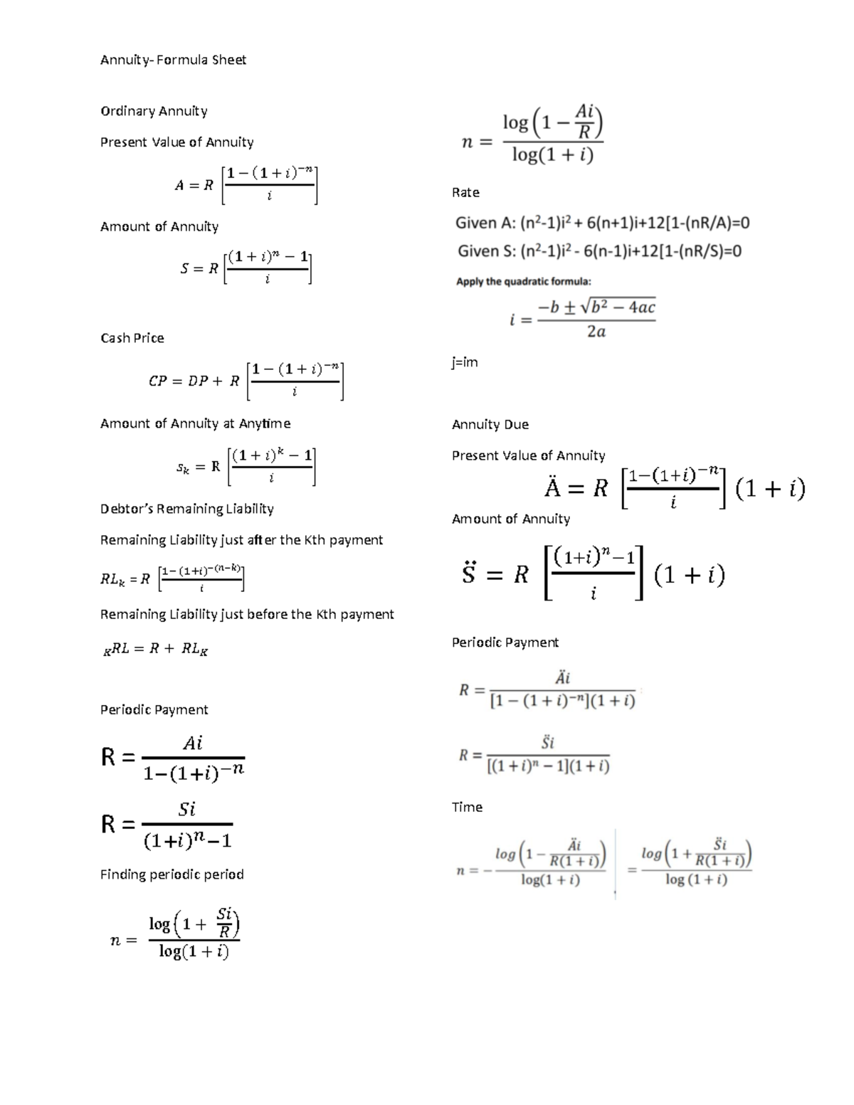 Quiz+2 Formula+Sheet - Quiz formulas - Annuity- Formula Sheet Ordinary ...