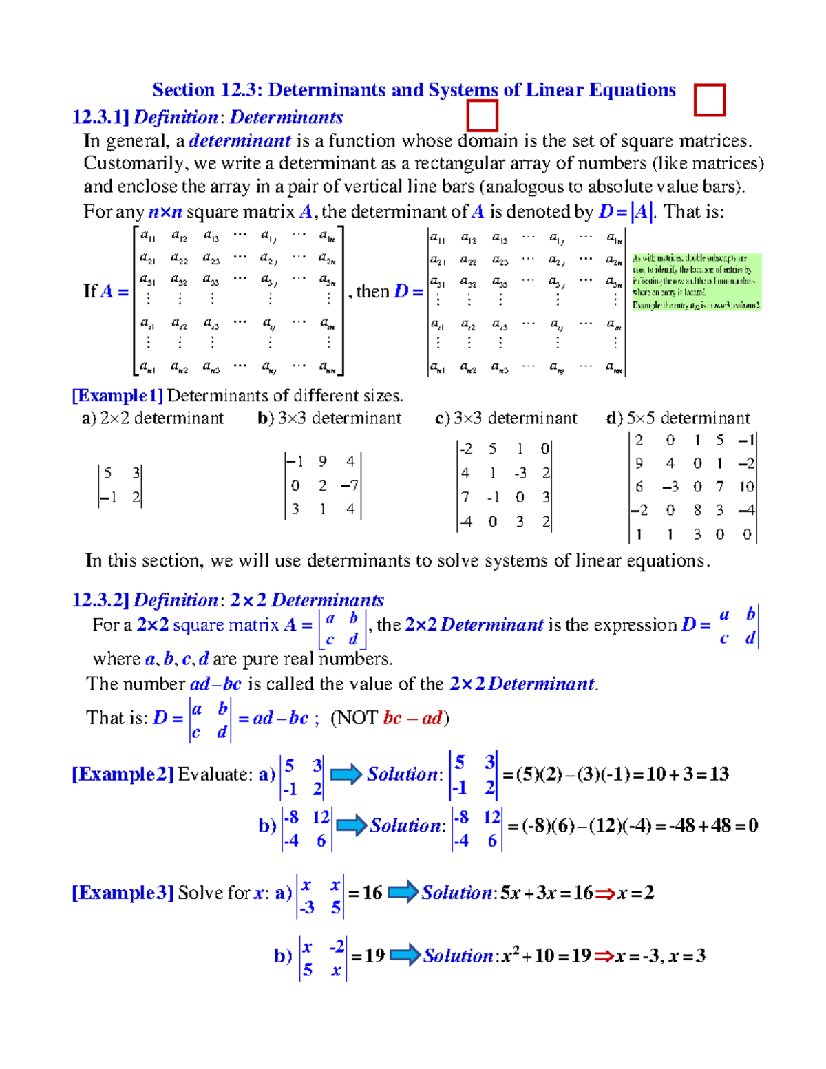 12 - Notes - Section 12: Determinants and Systems of Linear Equations ...