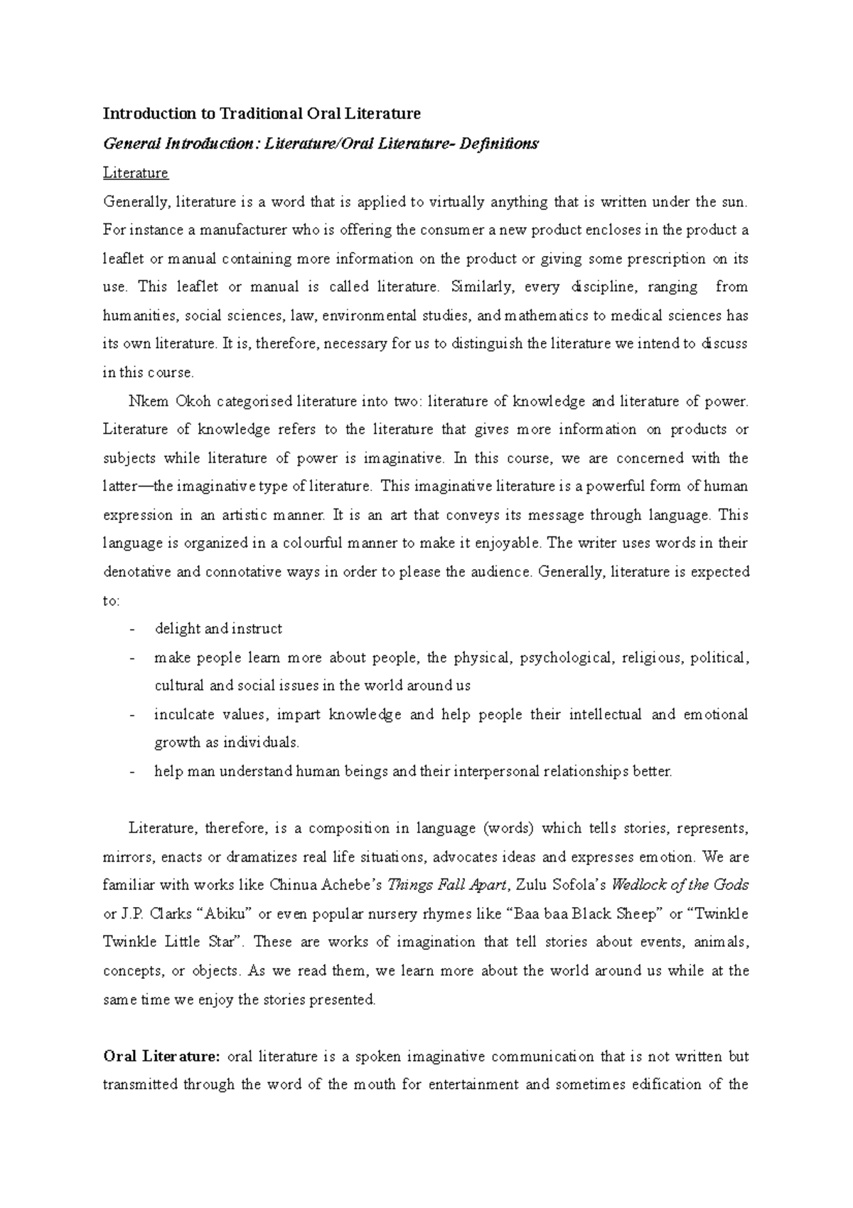 Introduction To Nigerian Literature Notes Introduction To Traditional 