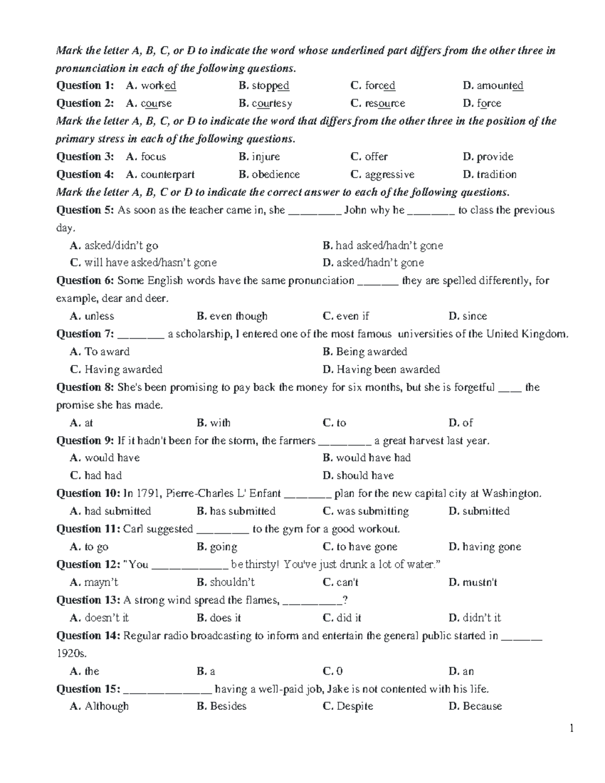 đề luyện 01 - kkkvhj - Mark the letter A, B, C, or D to indicate the ...