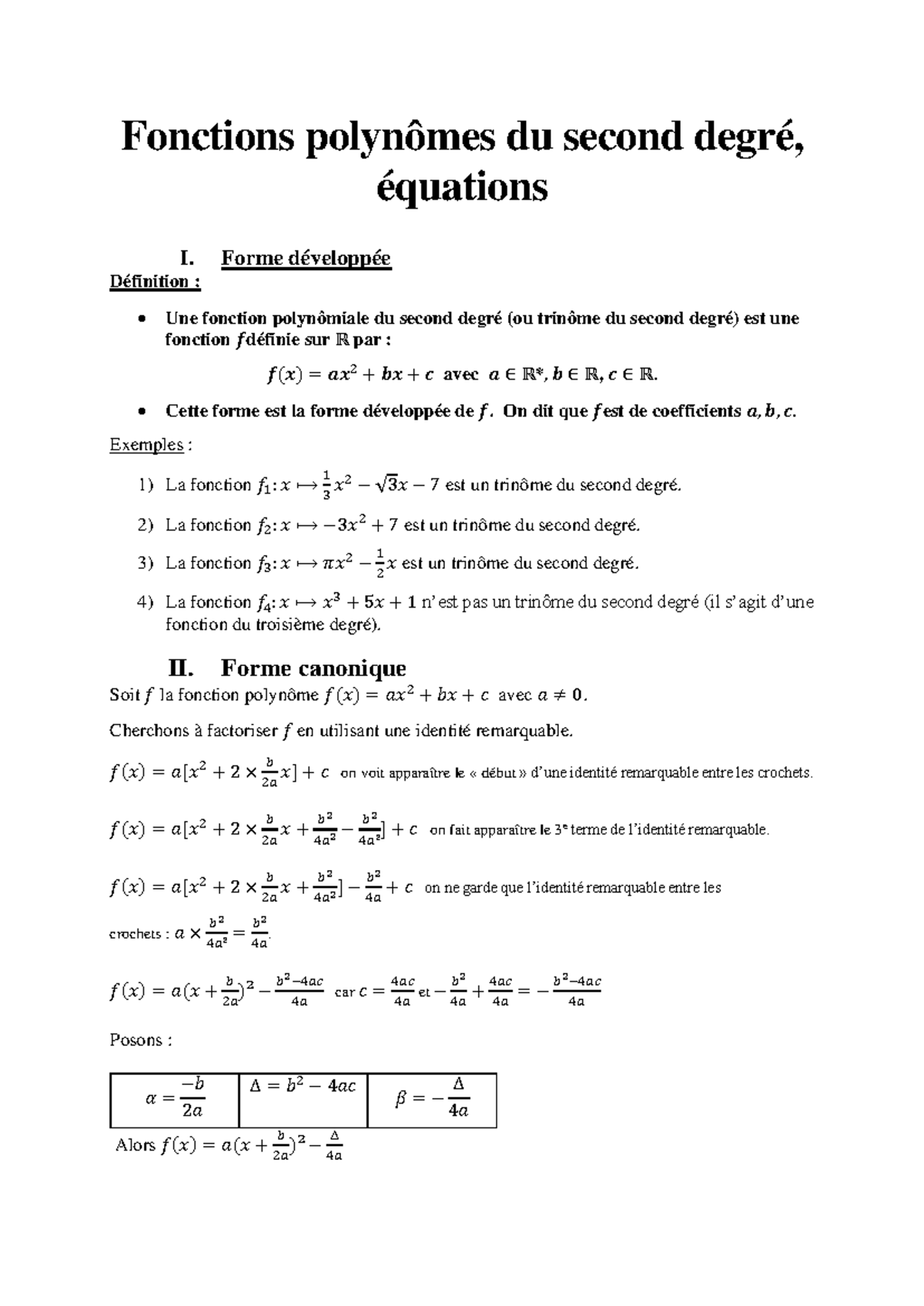 Fonctions Polynomes Du Second Degre Cours - Fonctions Polynômes Du ...