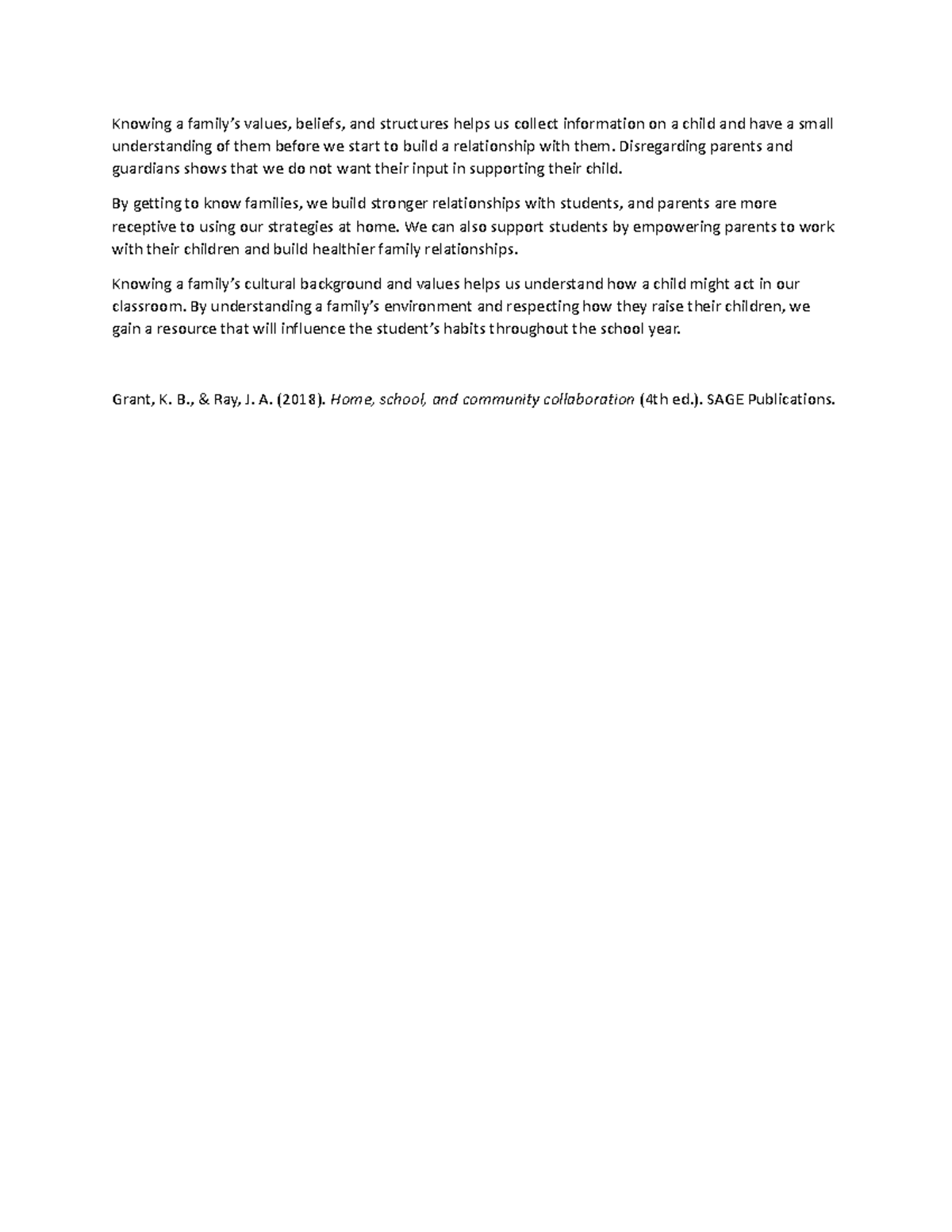 EDU 526 Discussion Question - Knowing a family’s values, beliefs, and ...