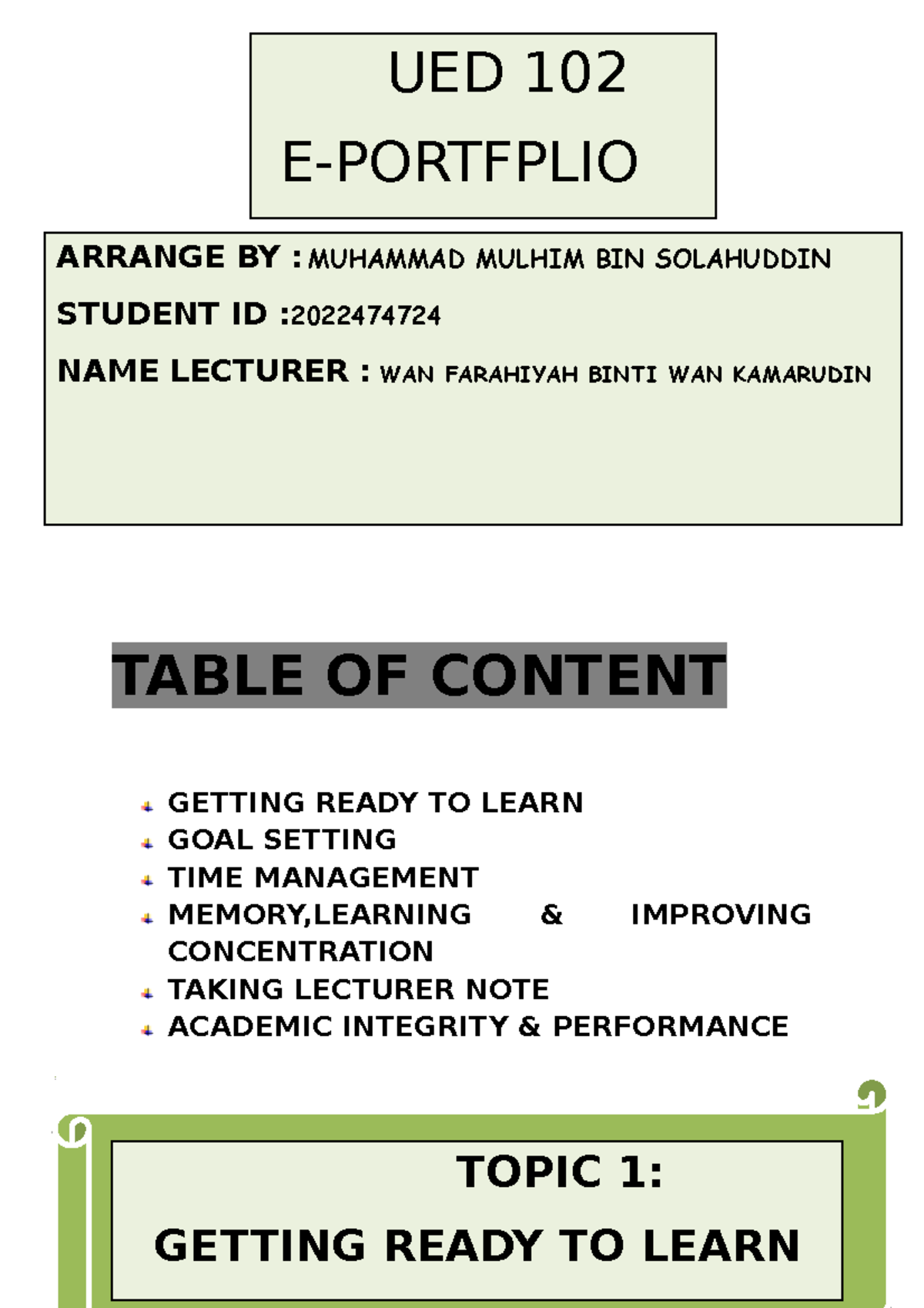 Assigment Ued 102 Uitm.docx Mulhim 2022 - TABLE OF CONTENT GETTING ...