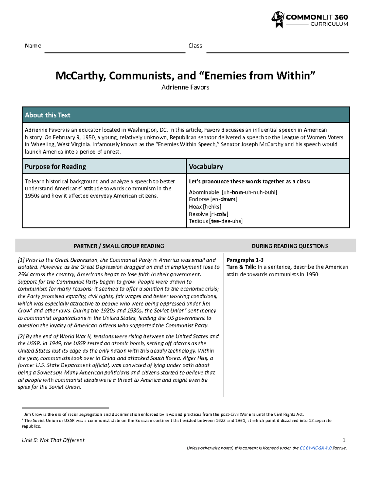 Mcarthy and communists - Name Class McCarthy, Communists, and “Enemies ...