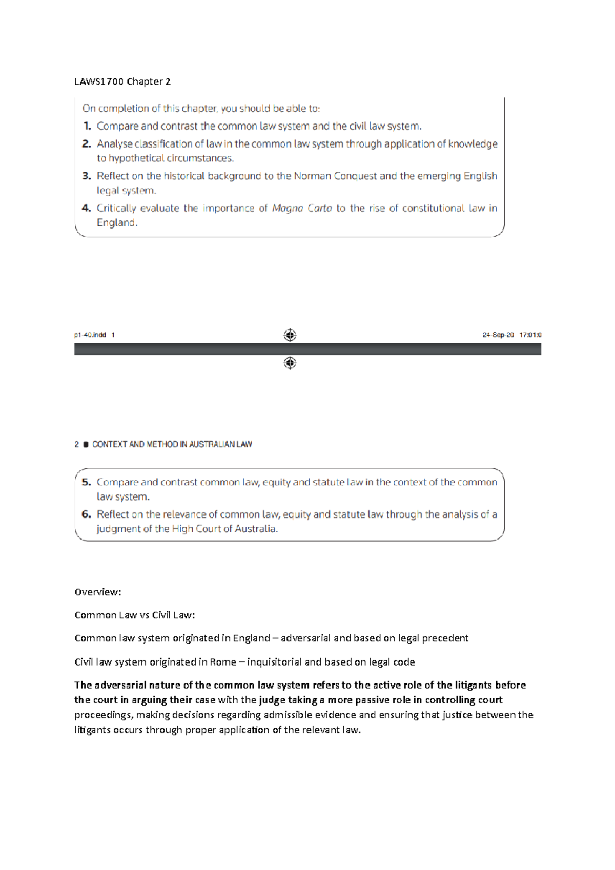 Laws1700 notes week 1/2 - LAWS1700 Chapter 2 Overview: Common Law vs ...