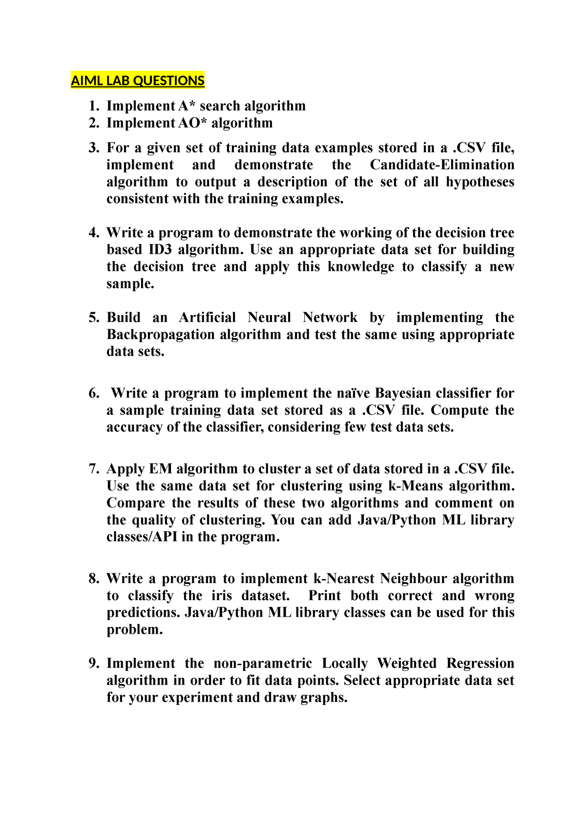 Aiml Lab Manual - Aiml Lab Questions Implement A* Search Algorithm 