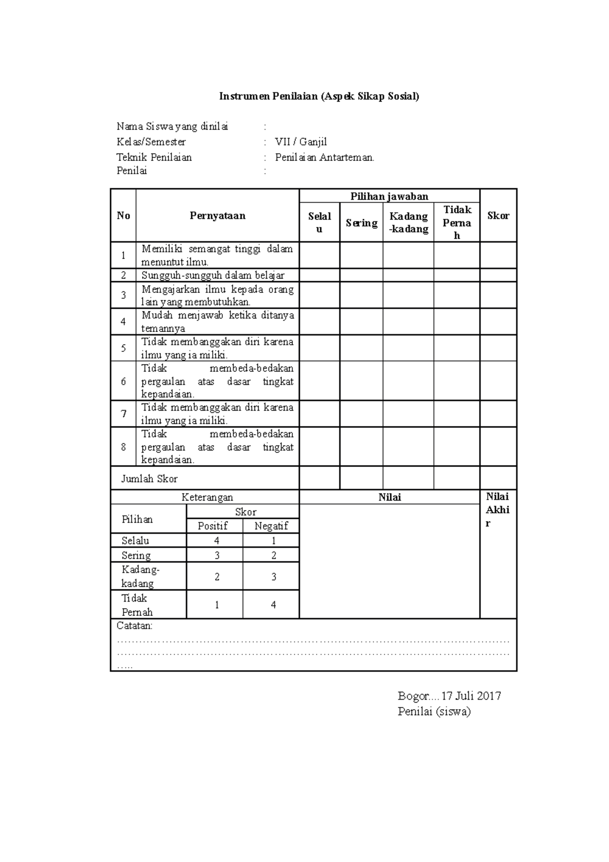 Semester 1 Instrumen Penilaian (Aspek Sikap Sosial) Rpp 1 - Instrumen ...