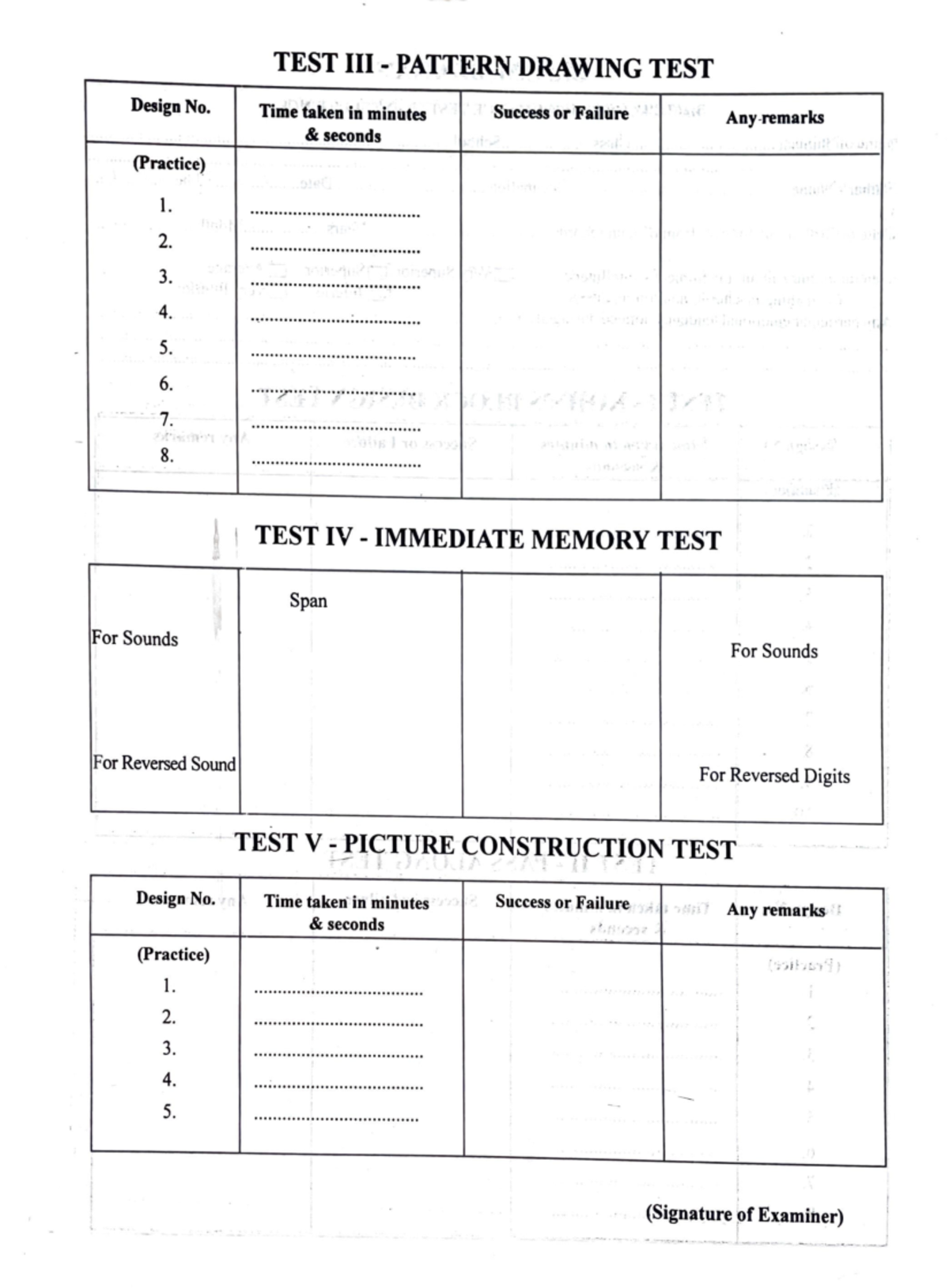 Bhatia battery scoring sheet - Design No. (Practice) l. 2. 3. 4. 5. 6 ...