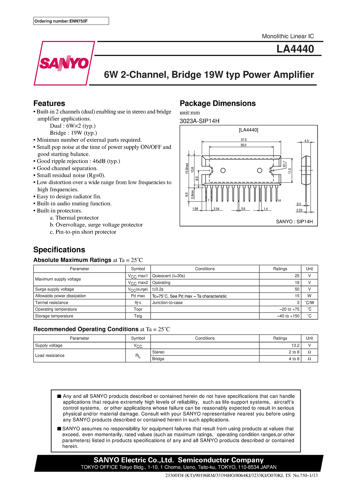 DATASHEET IC LA4440 - Any And All SANYO Products Described Or Contained ...