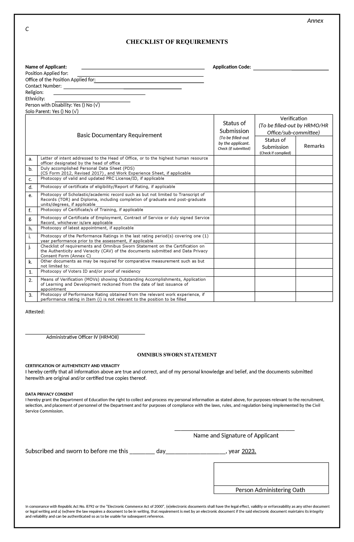 Annex C Omnibus Sworn Statement Copy Annex C CHECKLIST OF