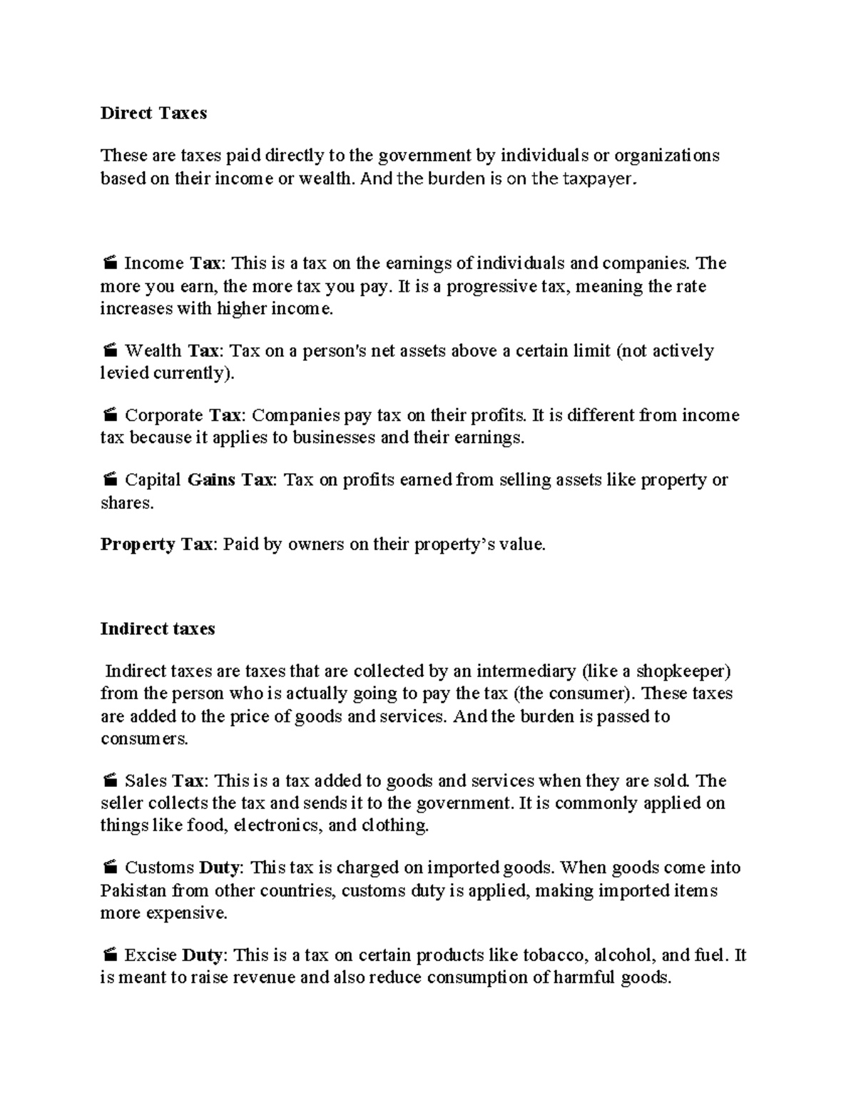 Direct Taxes - notes - Direct Taxes These are taxes paid directly to ...
