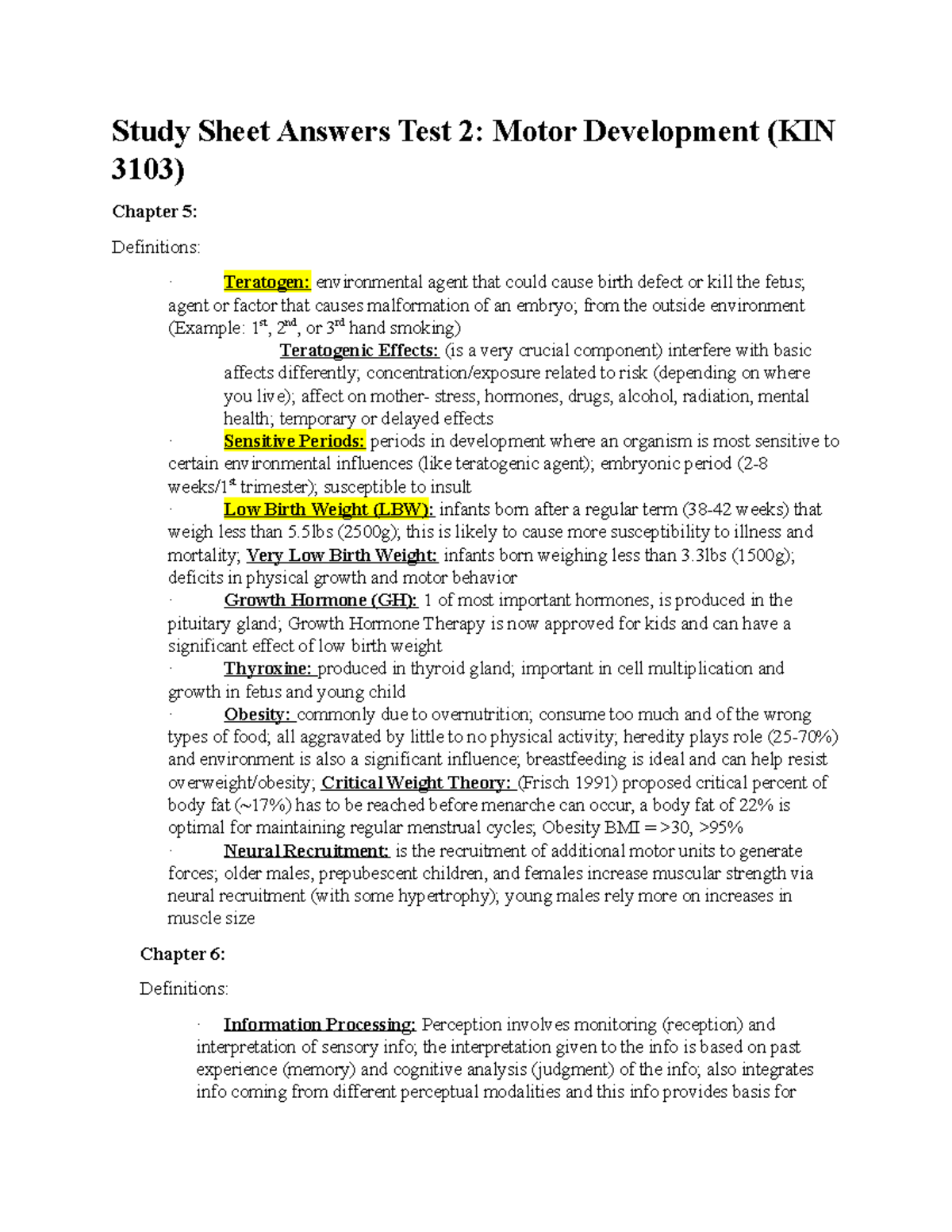 Motor Development Exam 2 Study Sheet Answers Test 2 Motor