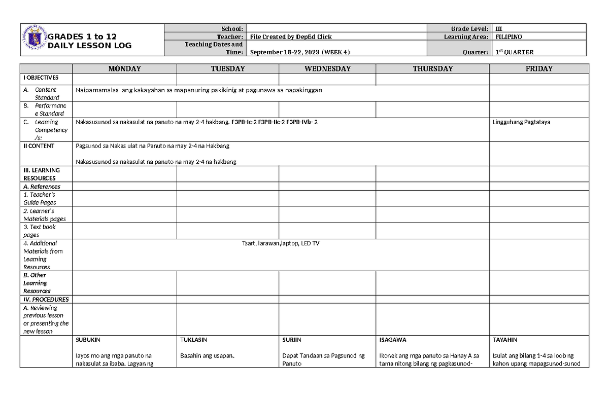 DLL Filipino 3 Q1 W4 - teacher - GRADES 1 to 12 DAILY LESSON LOG School ...