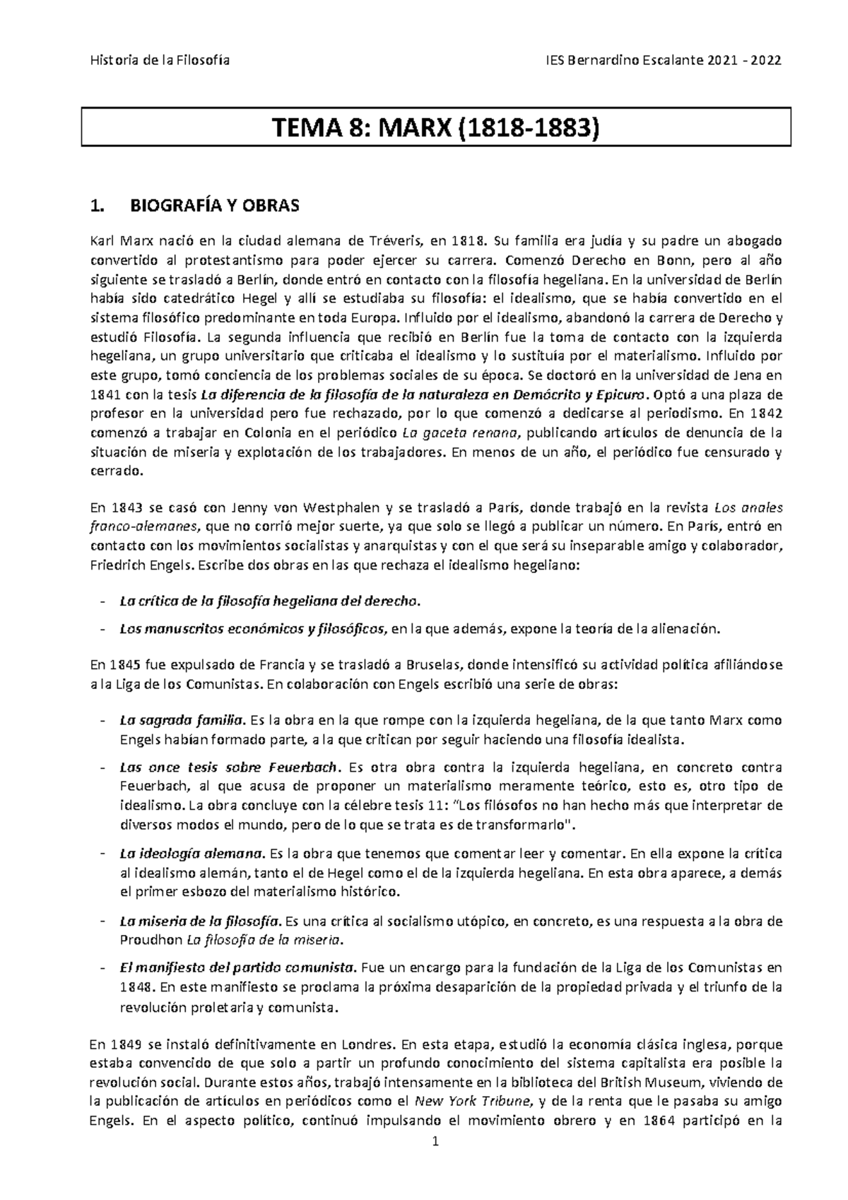 TEMA 8 MARX - Marx - TEMA 8: MARX (1818‐1883) 1. BIOGRAFÍA Y OBRAS Karl ...