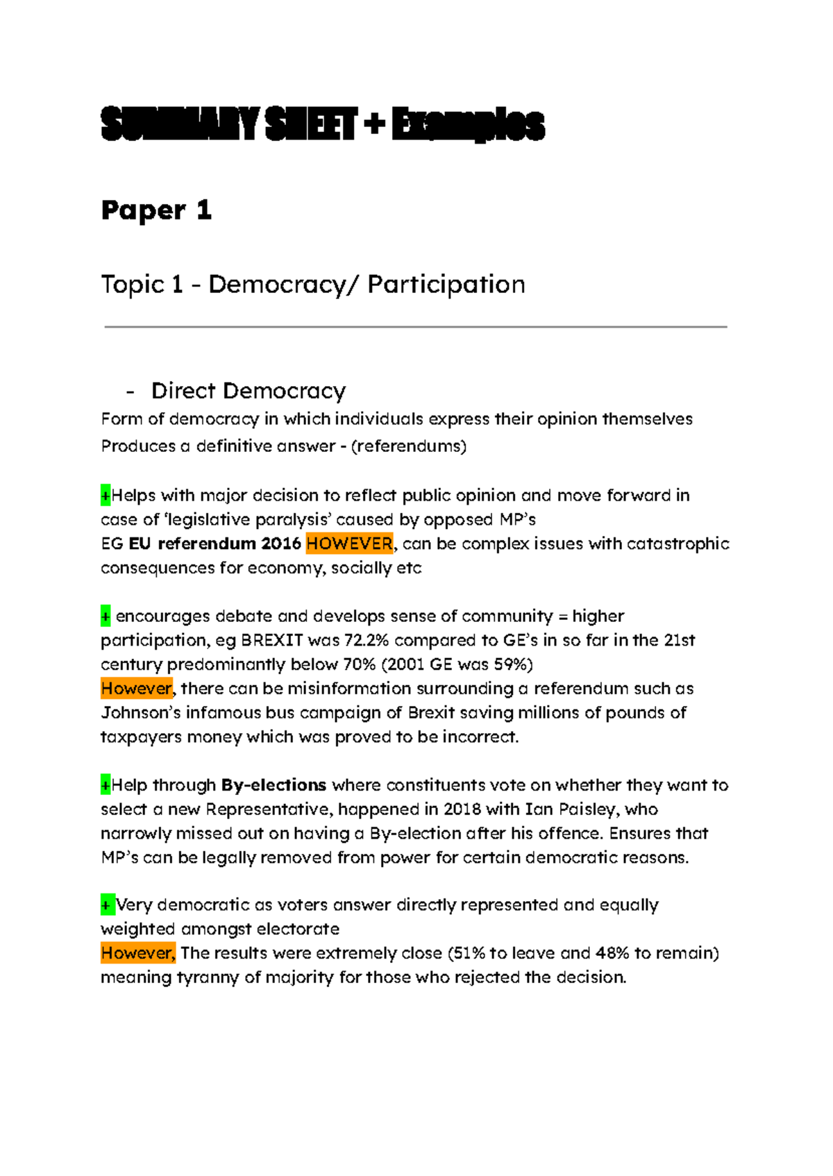Politics paper 1/2 Summary Notes - SUMMARY SHEET + Examples Paper 1 ...