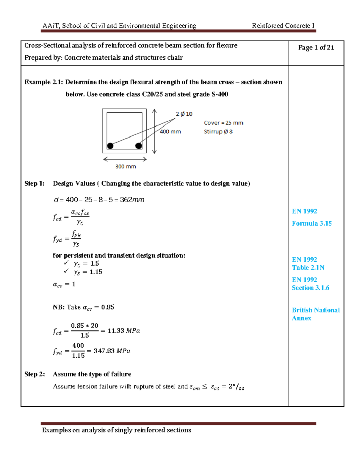 Rc1 2015 16 Chapter Two Example On Analysis Of Singly Reinforced Beam Rc1 2015 16 Chapter Two Example On Analysis Of Singly Reinforced Beam