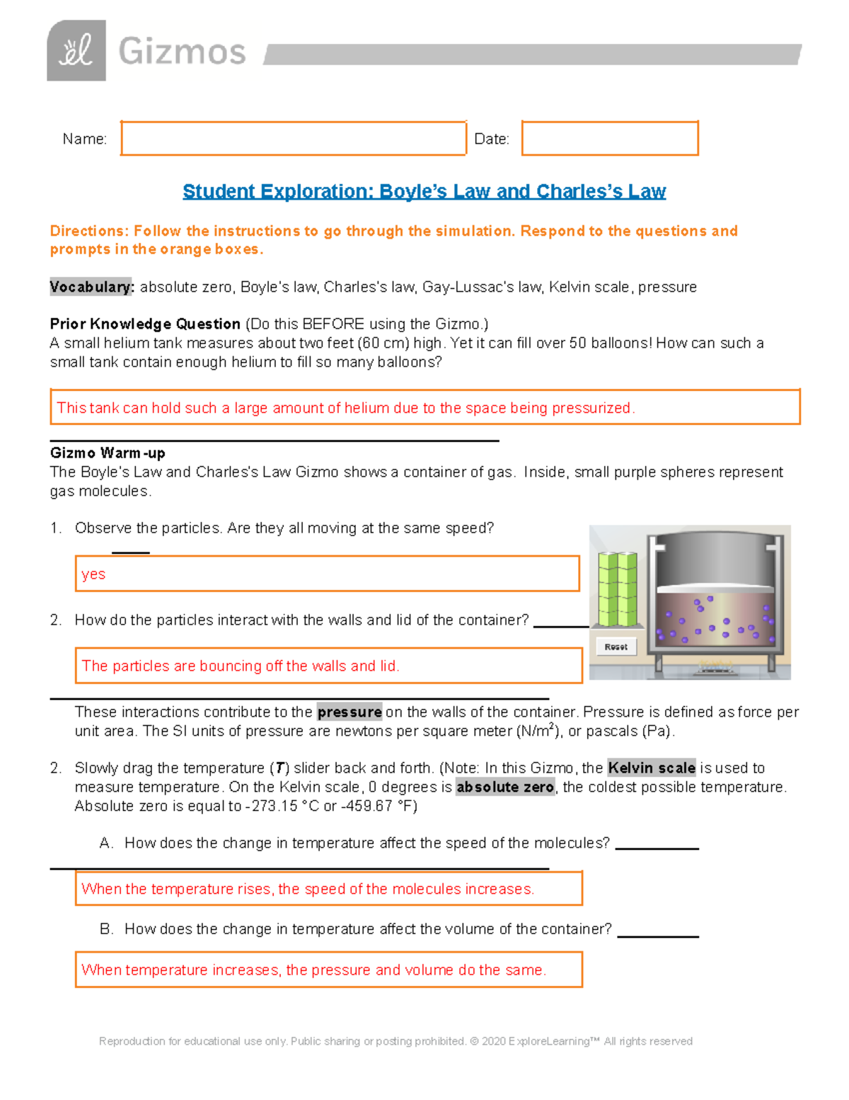 Gas Laws SE gas law gizmo Name Date Student Exploration Boyle’s