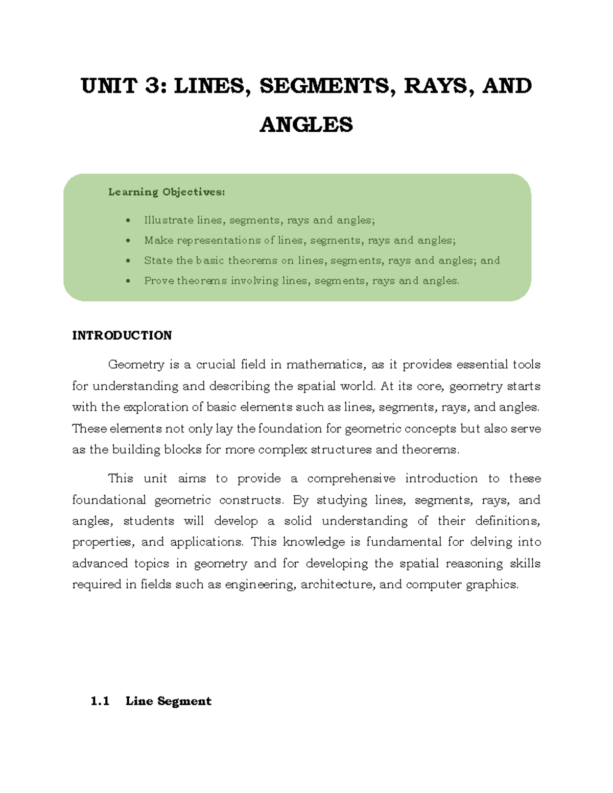 UNIT-3 - Geometry - UNIT 3 : LINES, SEGMENTS, RAYS, AND ANGLES Learning ...