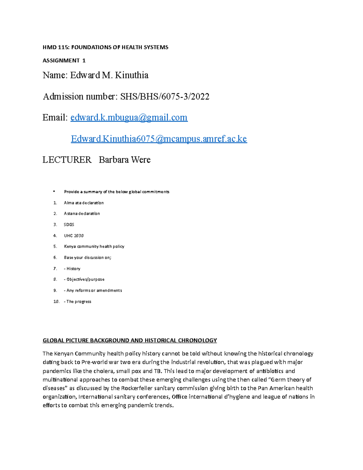 HMD 115 PH Assignment 1 HMD 115 FOUNDATIONS OF HEALTH SYSTEMS