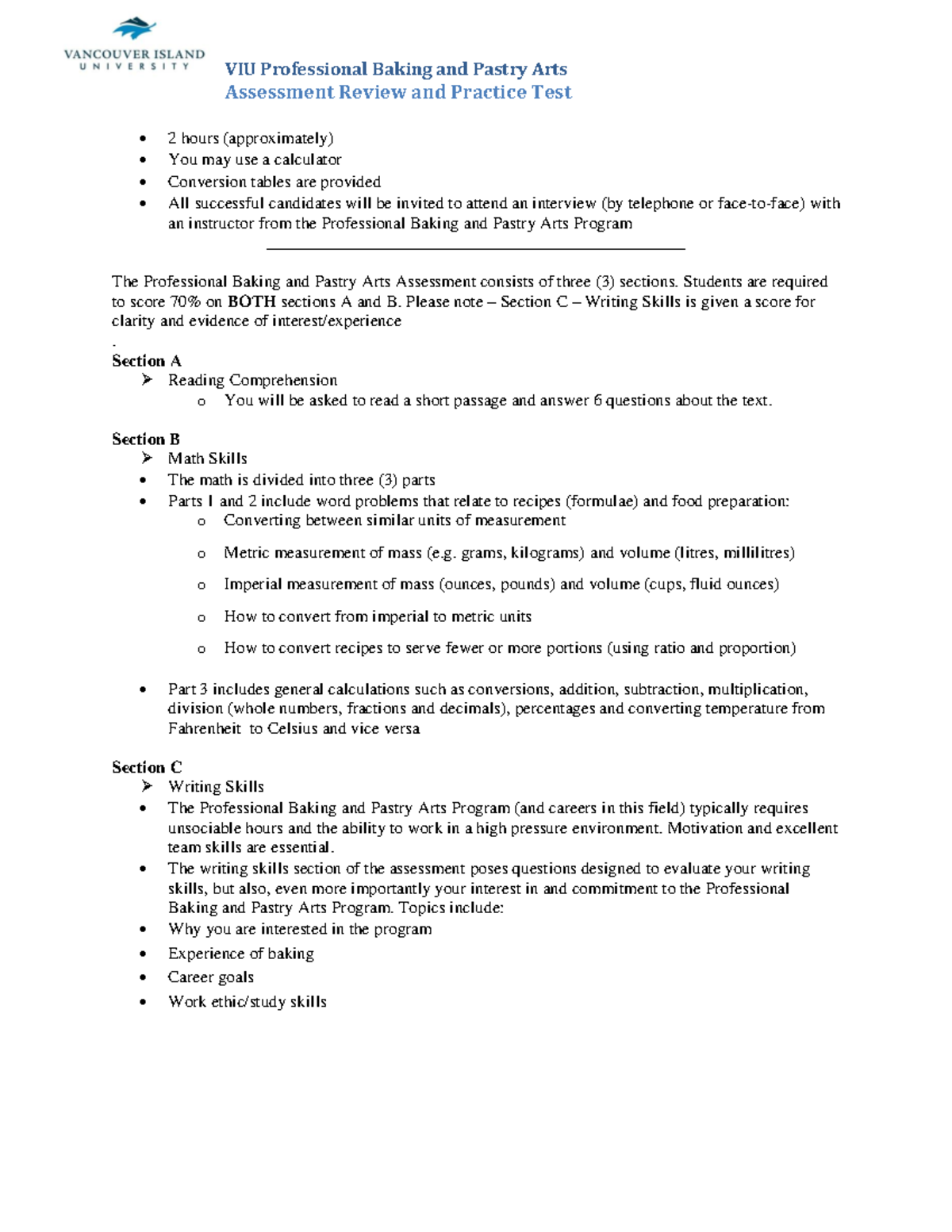 Viu professional baking overview and practice test VIU Professional