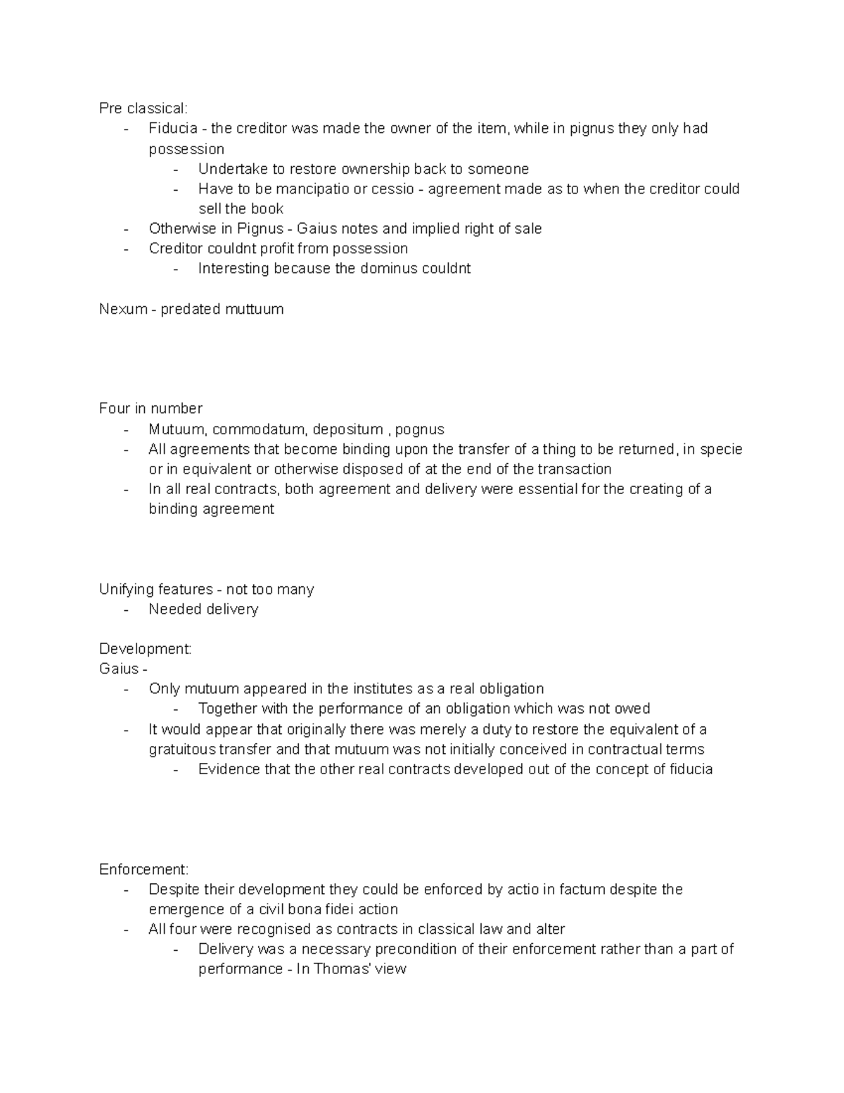 The real contracts - Notes from Thomas - Pre classical: - Fiducia - the ...