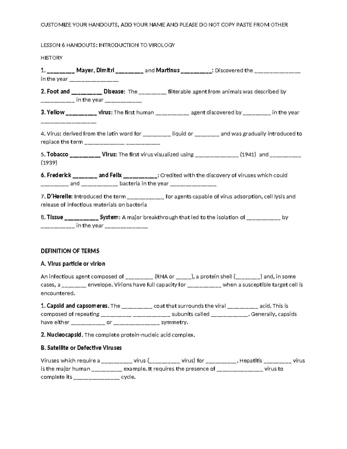 Lesson 6 Introduction TO Virology - LESSON 6 HANDOUTS: INTRODUCTION TO ...