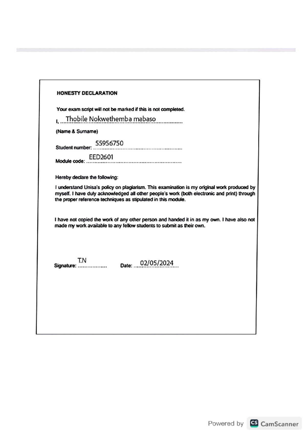 Eed ass 1 - Notes - HONESTY DECLARATION Your exam script will not be ...