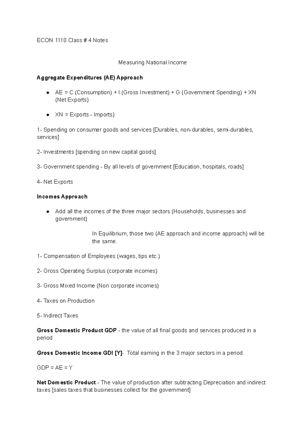 ECON 1110 Chapter 3 Notes - ECON 1110 Class # 4 Notes Measuring ...